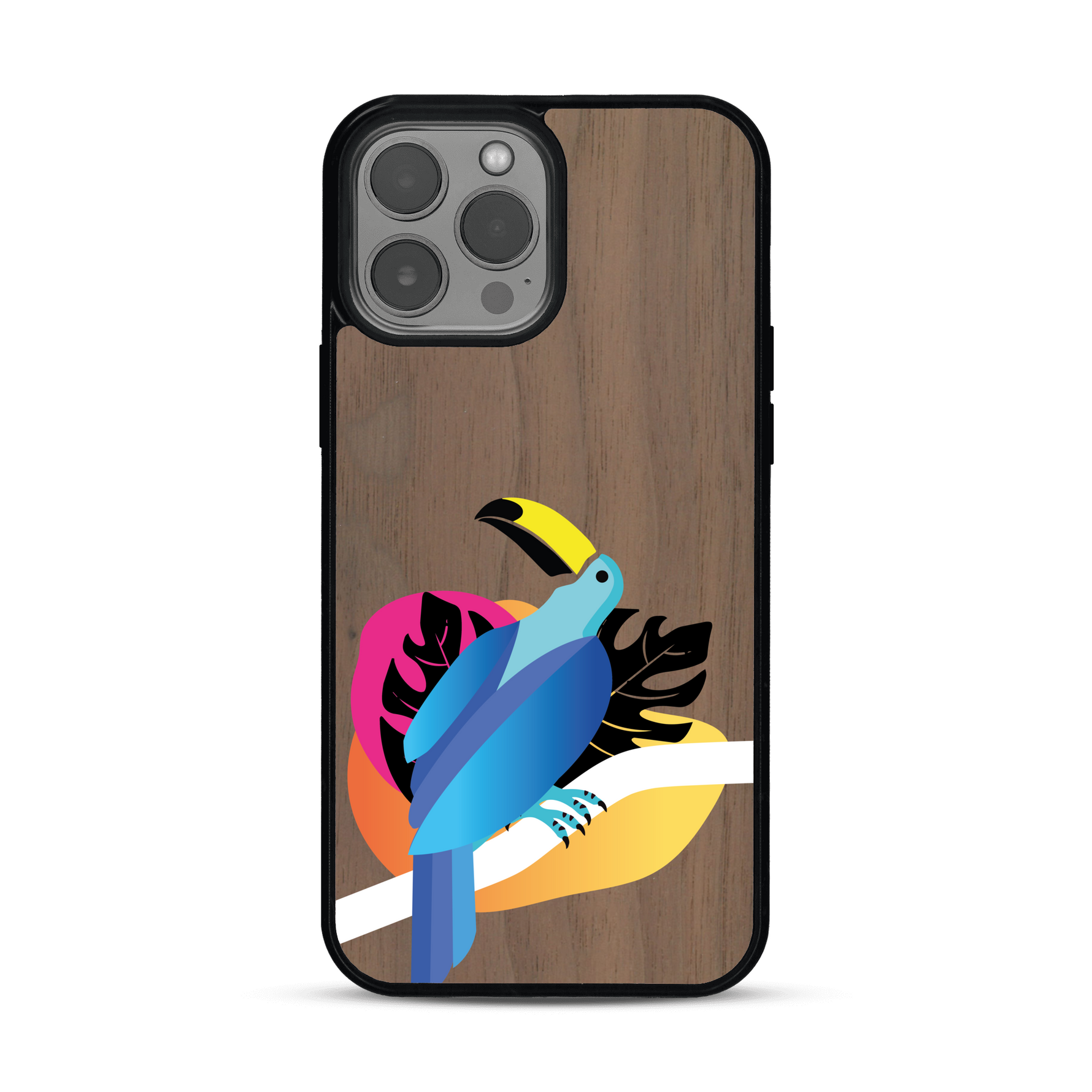 Coque de protection en bois véritable fabriquée en France pour iPhone 13 Pro Max représentant un toucan coloré avec un design moderne et minimaliste sur le thème de la jungle et de la nature