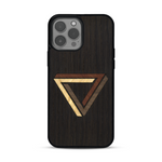 Coque de protection en bois véritable fabriquée en France pour  sur le thème de l'art géométrique qui allie du chêne fumé, du noyer, du bambou et du padouk représentant le triangle de penrose