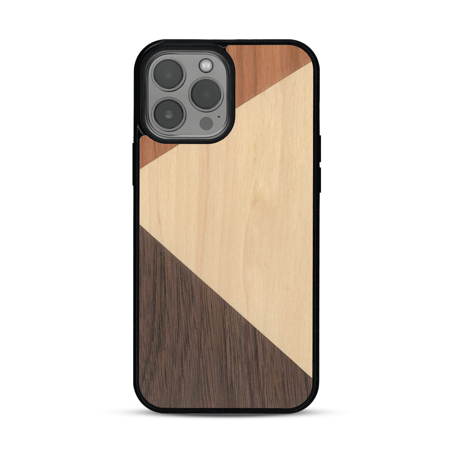 Coque de protection en bois véritable fabriquée en France pour  alliant du merisier, du noyer et du bambou formant chacun deux triangles et un trapèze avec deux jointures en diagonale sur le thème de l'art abstrait