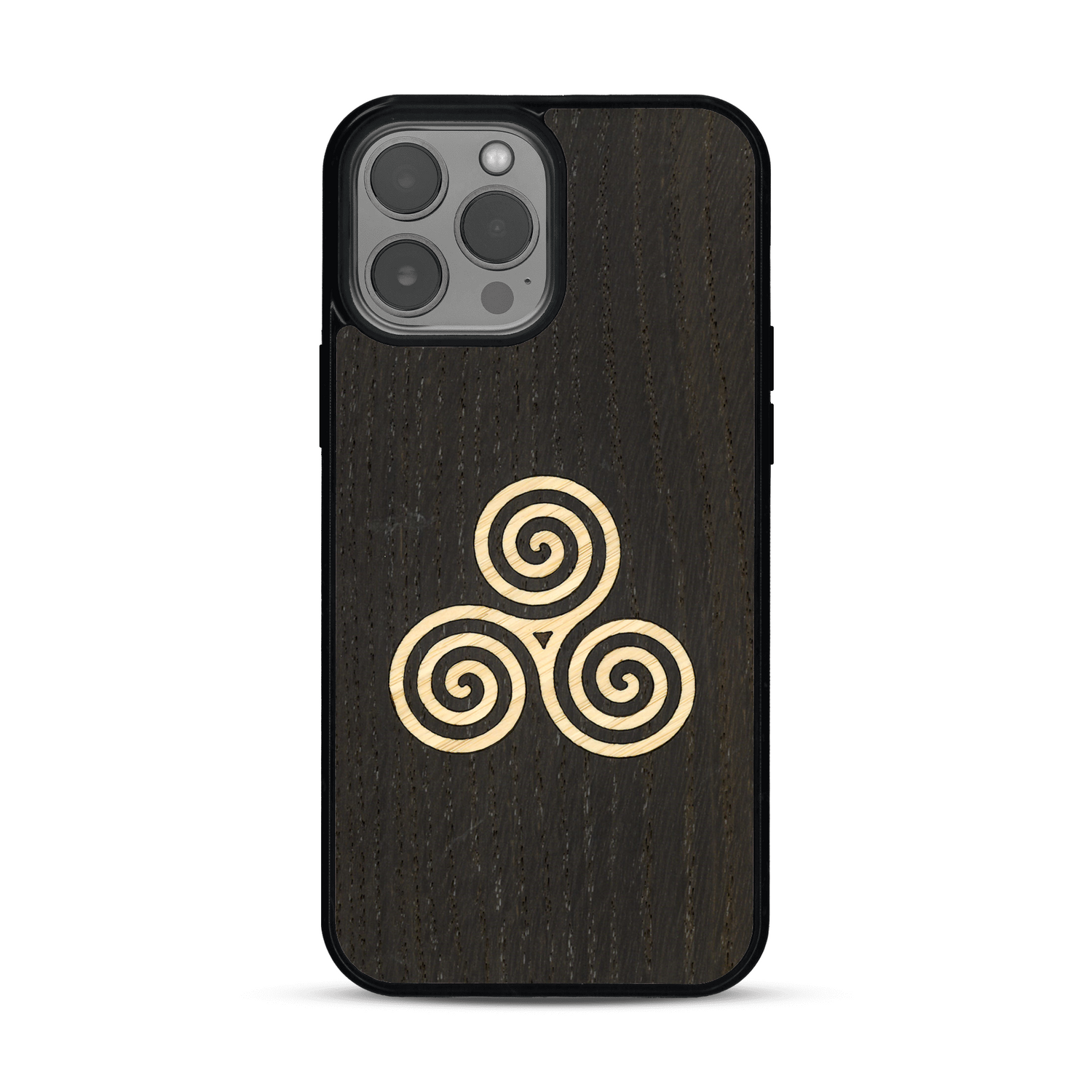 Coque de protection en bois véritable fabriquée en France pour  alliant du chêne fumé et du bambou et doré représentant un triskell