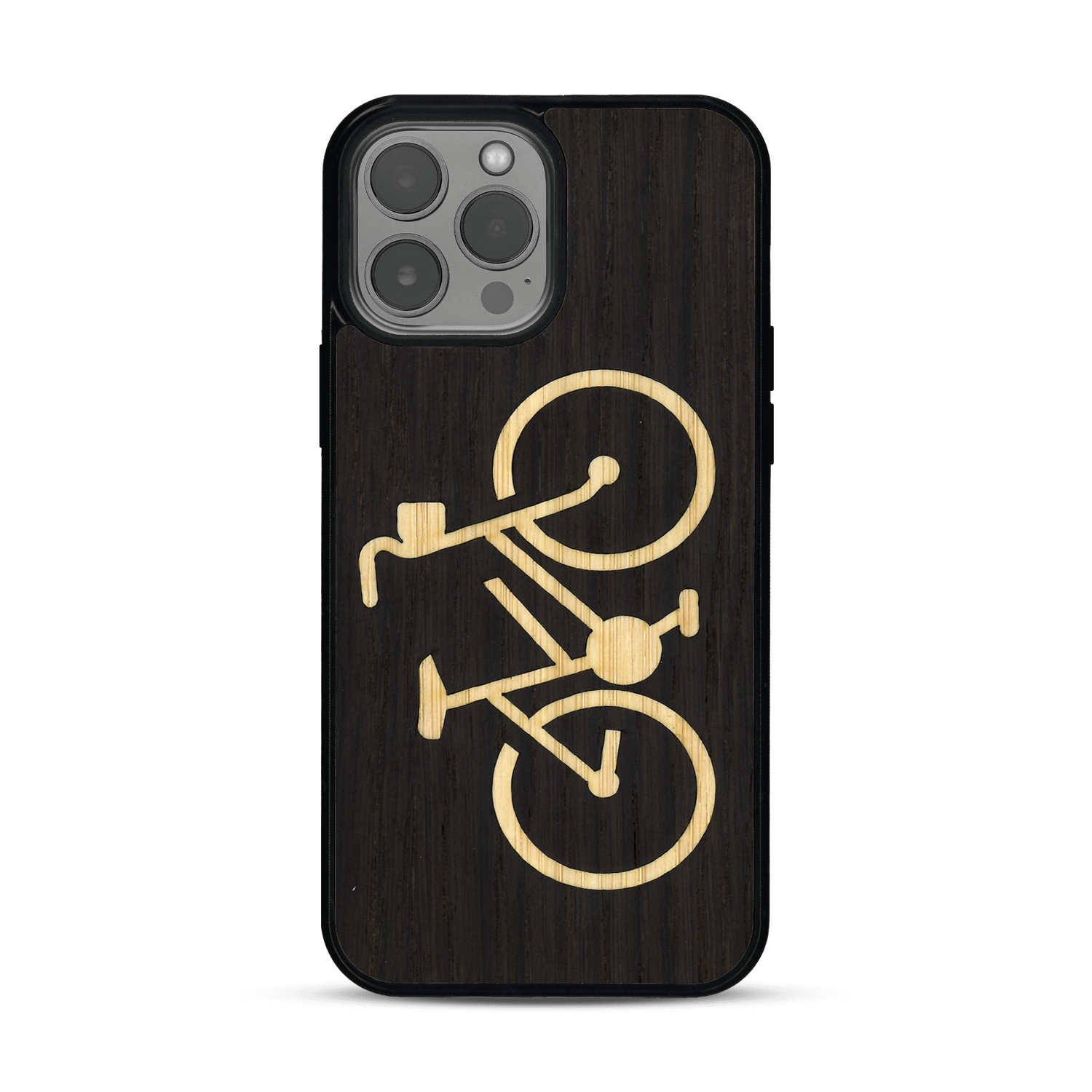 Coque de protection en bois véritable fabriquée en France pour  sur le theme du vélo et de l'outdoor qui allie du bambou et du chêne fumé représentant un vélo