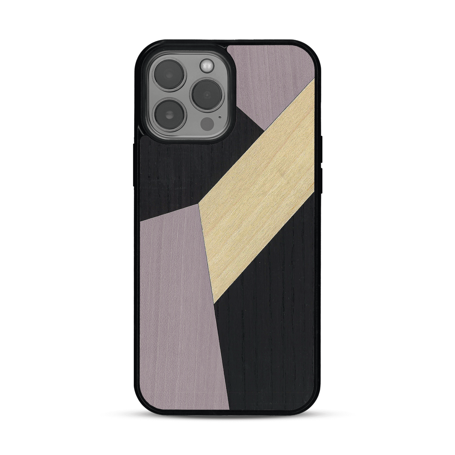 Coque de protection en bois véritable fabriquée en France pour  alliant du bambou, du tulipier mauve et noir en forme de mosaïque minimaliste sur le thème de l'art abstrait
