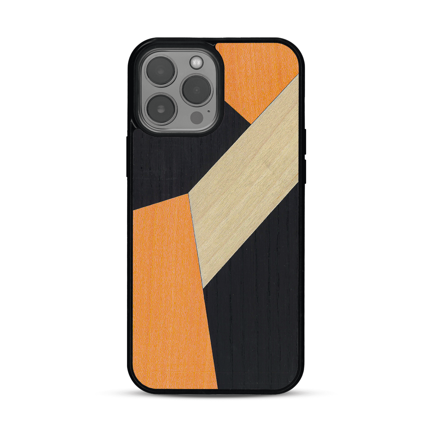 Coque de protection en bois véritable fabriquée en France pour  alliant du bambou, du tulipier orange et noir en forme de mosaïque minimaliste sur le thème de l'art abstrait