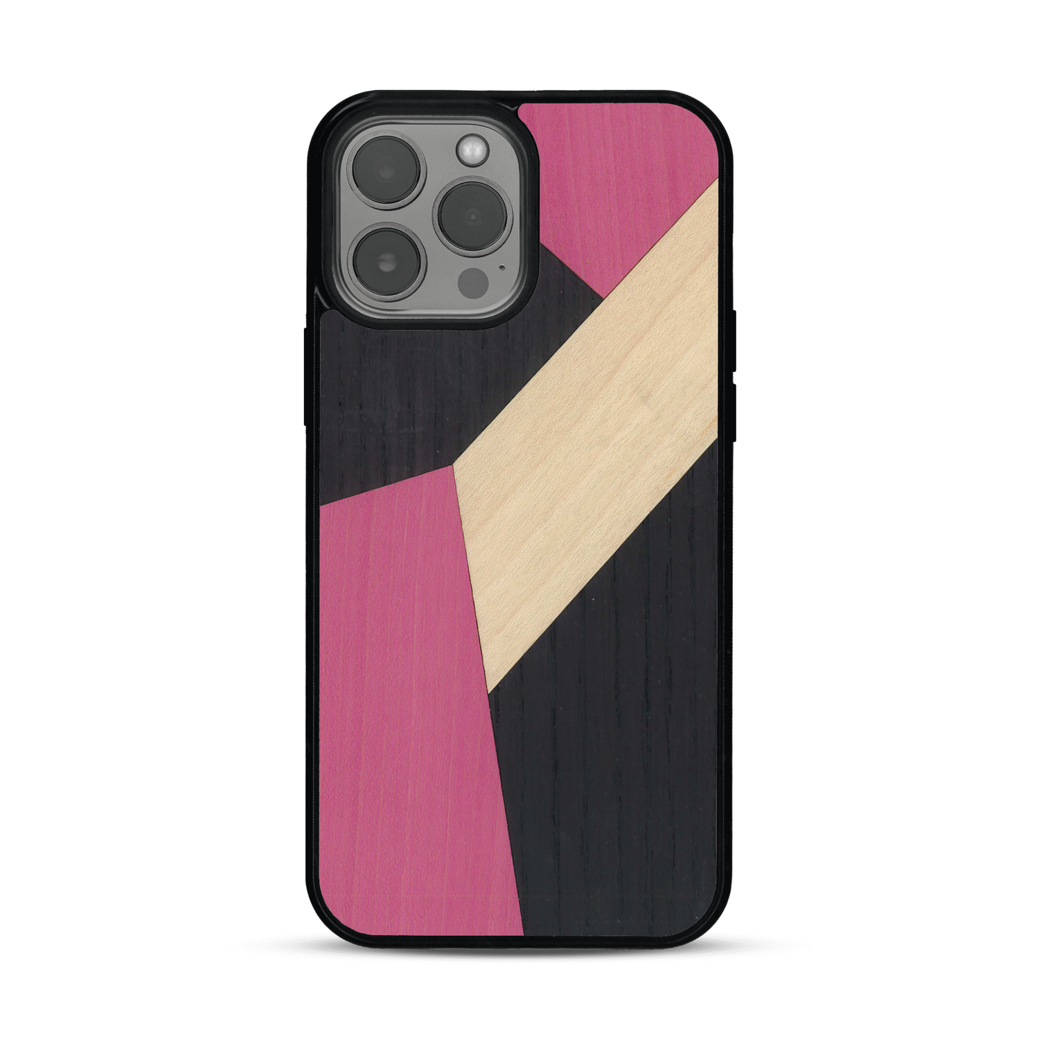 Coque de protection en bois véritable fabriquée en France pour  alliant du bambou, du tulipier rose et noir en forme de mosaïque minimaliste sur le thème de l'art abstrait