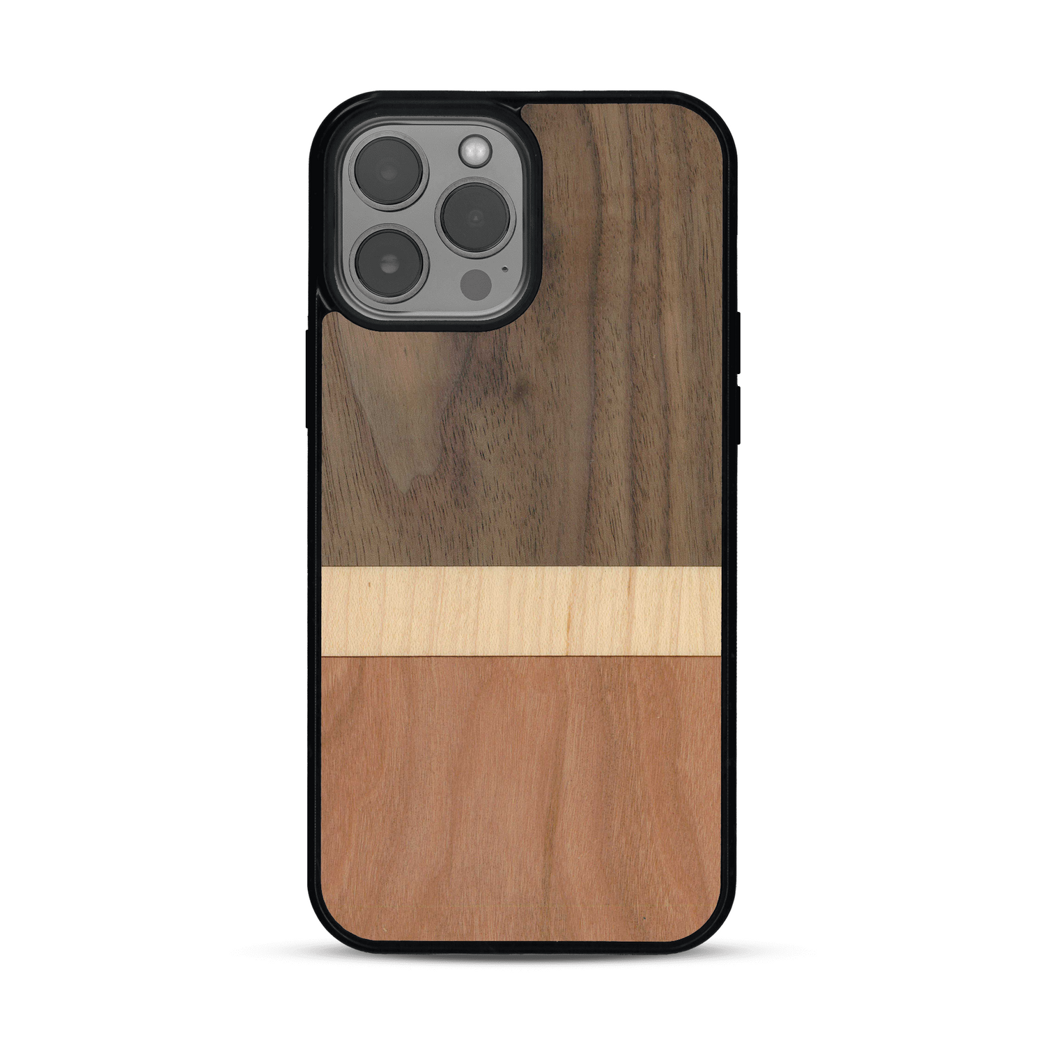 Coque de protection en bois véritable fabriquée en France pour  alliant des bandes horizontales de bambou, merisier et noyer