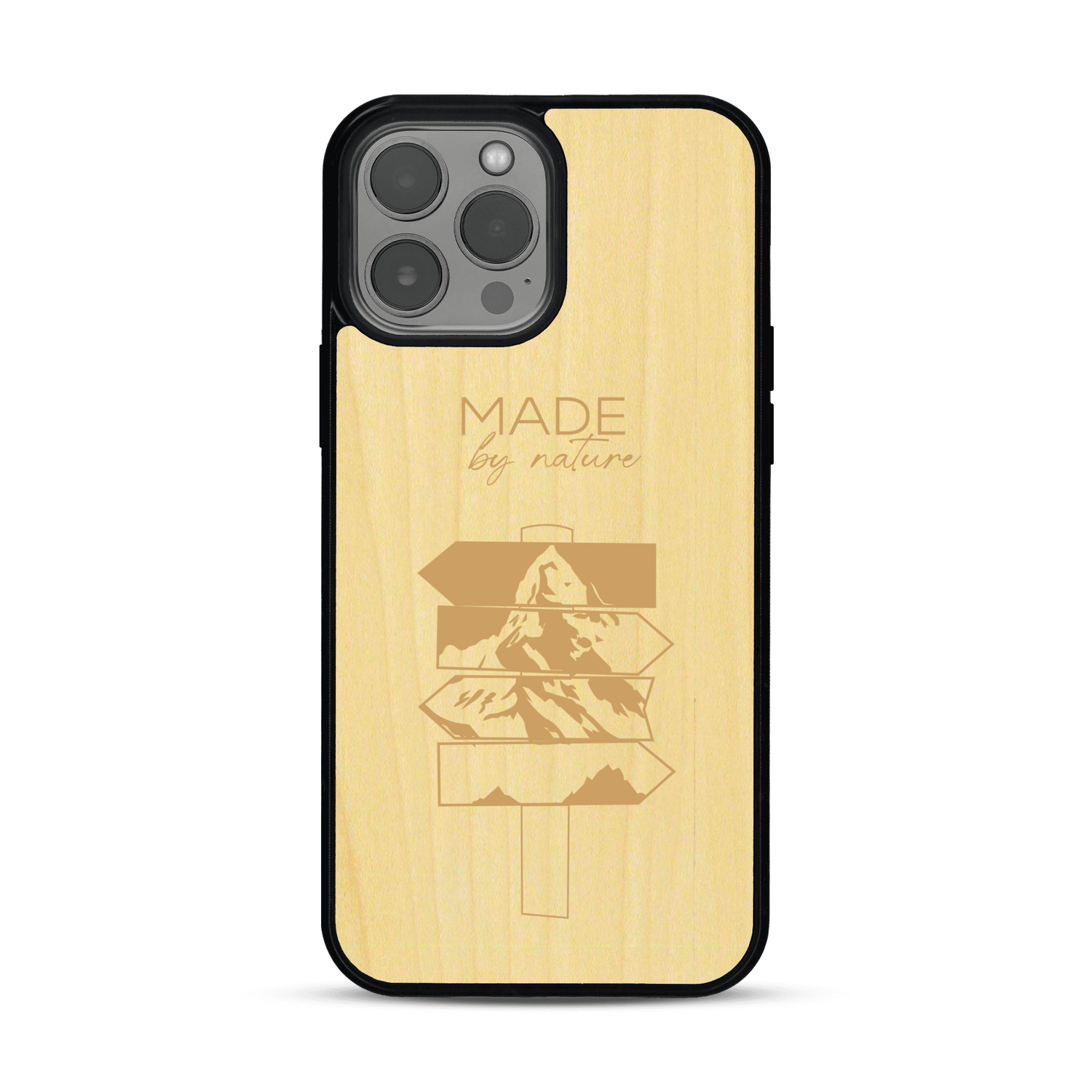 Coque de protection en bois véritable fabriquée en France pour  sur le thème de la nature et des arbres avec une gravure représentant une pomme de pin et la phrase "made by nature"