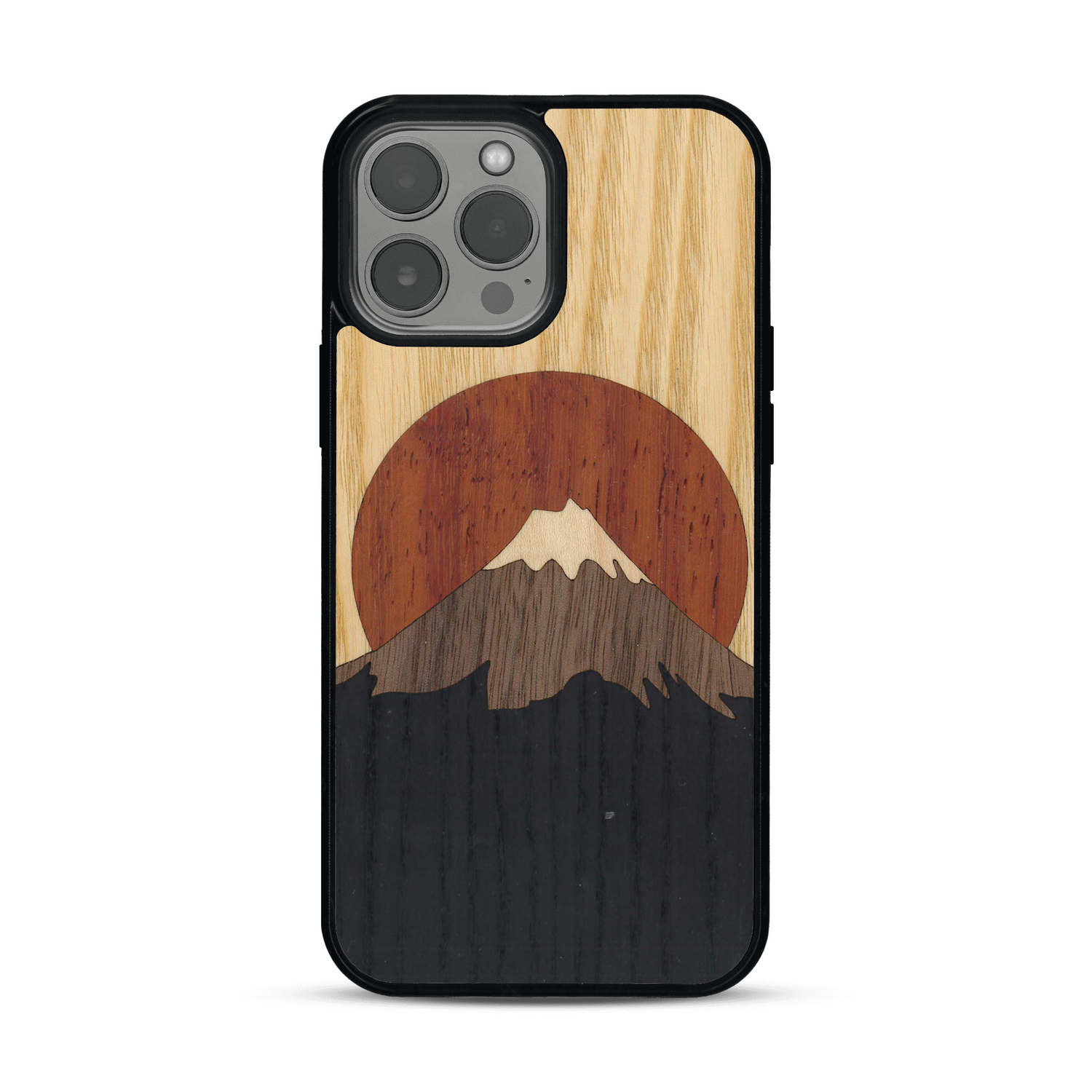 Coque de protection en bois véritable fabriquée en France pour  alliant plusieurs essences de bois pour représenter le mont Fuji