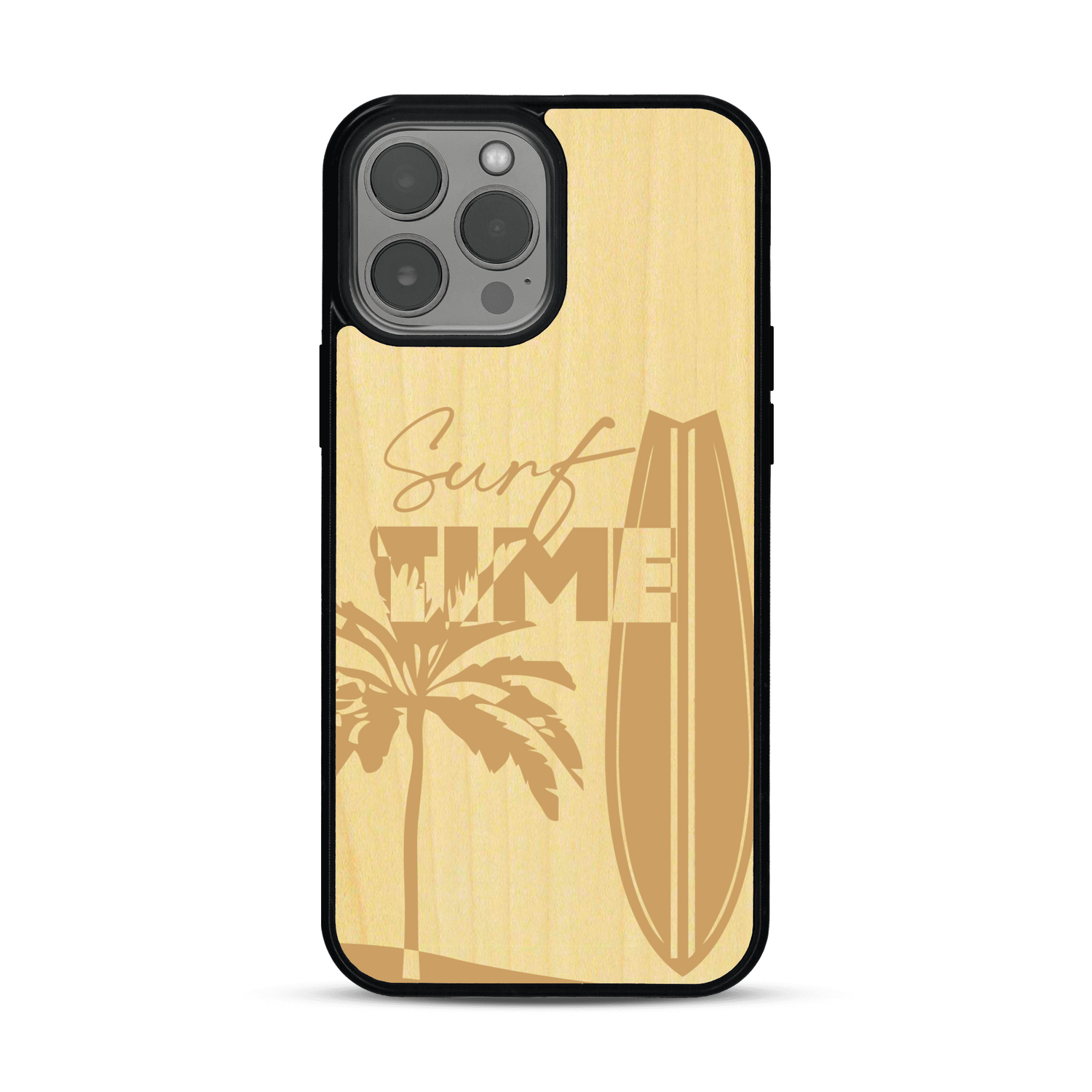 Coque de protection en bois véritable fabriquée en France pour  sur le thème chill avec un motif représentant une silouhette tenant une planche de surf sur une plage entouré de palmiers et les mots "Surf Time Long Beach Miami"