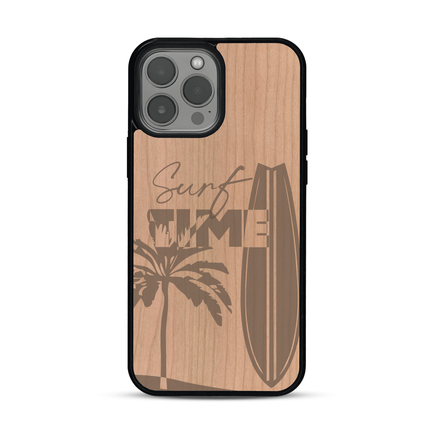 Coque de protection en bois véritable fabriquée en France pour  sur le thème chill avec un motif représentant une silouhette tenant une planche de surf sur une plage entouré de palmiers et les mots "Surf Time Long Beach Miami"