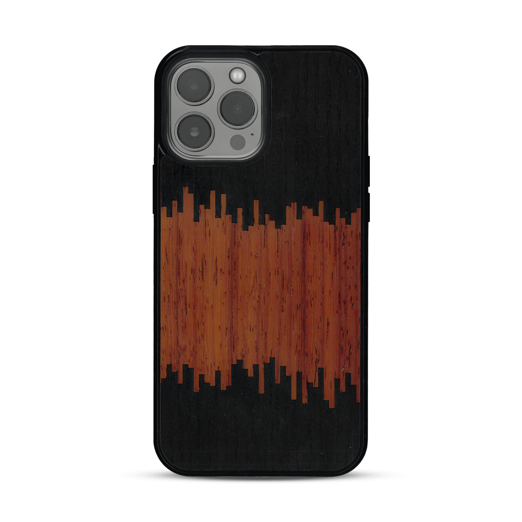 Coque de protection en bois véritable fabriquée en France pour  alliant plusieurs essences de bois pour représenter du magma en fusion