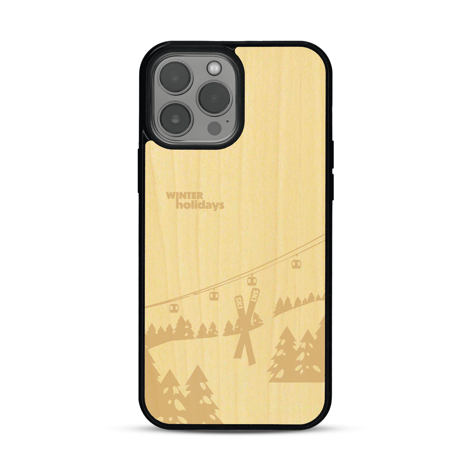 Coque de protection en bois véritable fabriquée en France pour  sur le thème de la montagne, du ski et de la neige avec un motif représentant une paire de ski plantée dans la neige avec en fond des montagnes enneigées