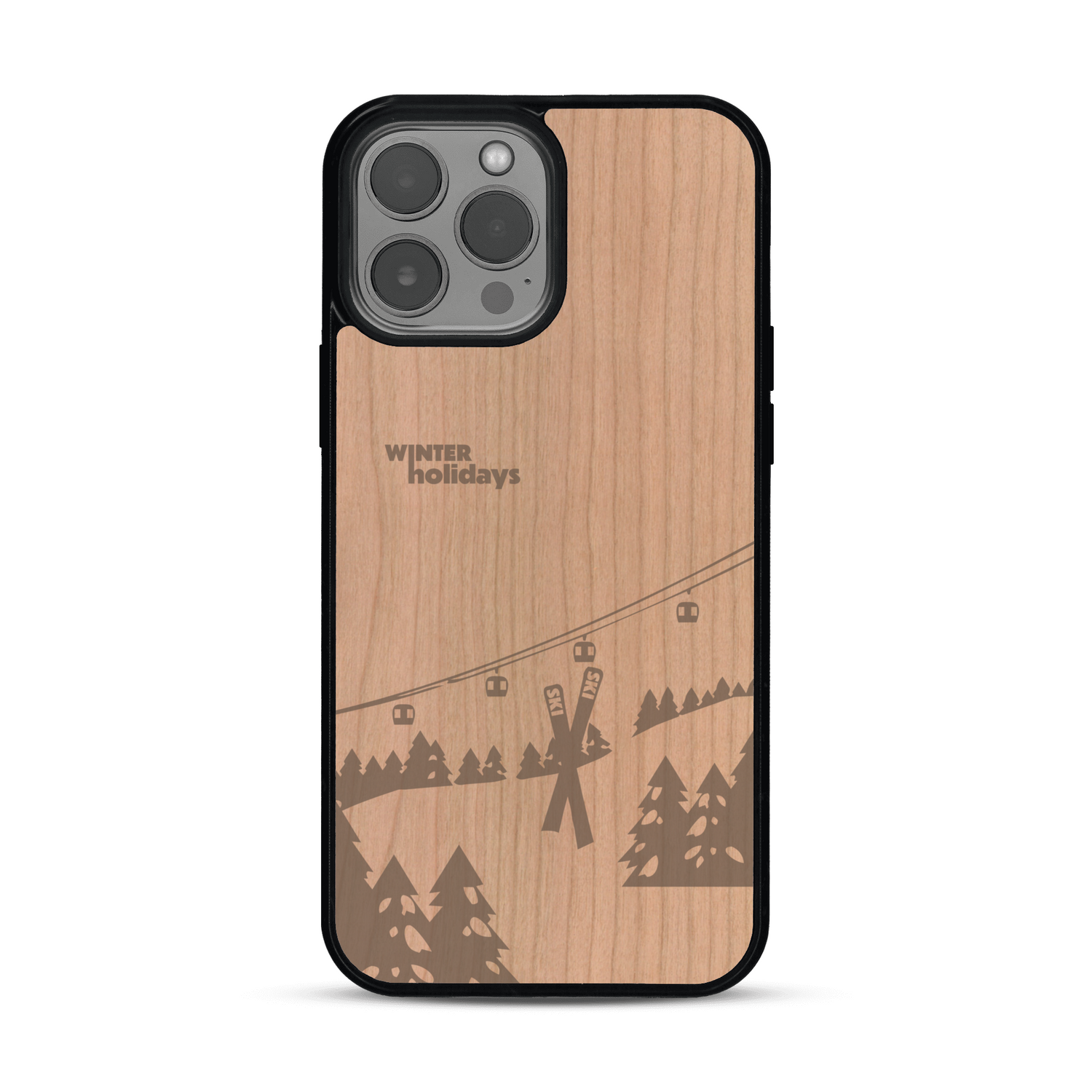 Coque de protection en bois véritable fabriquée en France pour  sur le thème de la montagne, du ski et de la neige avec un motif représentant une paire de ski plantée dans la neige avec en fond des montagnes enneigées