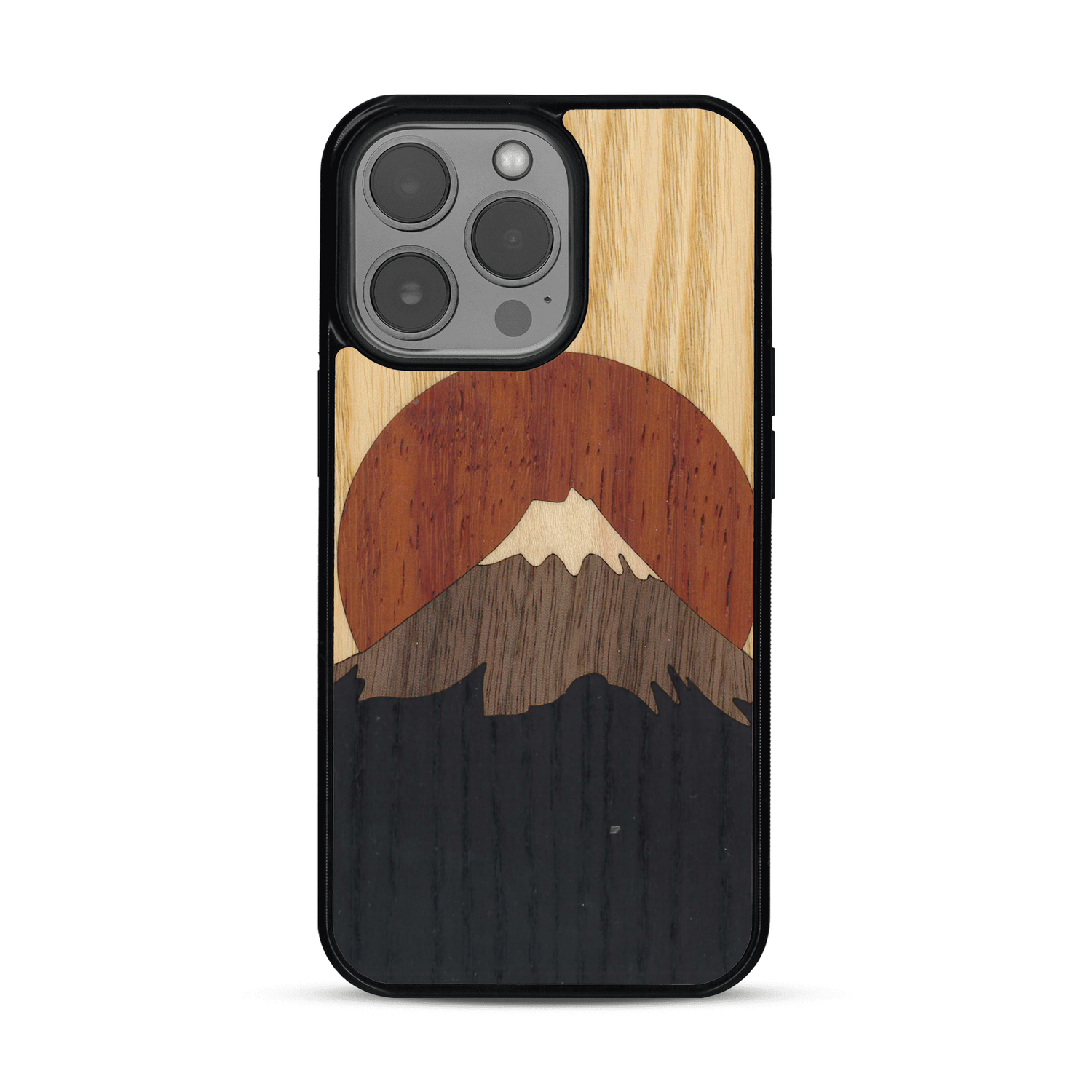 Coque de protection en bois véritable fabriquée en France pour  alliant plusieurs essences de bois pour représenter le mont Fuji