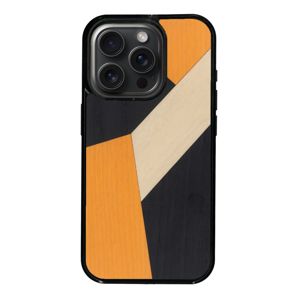 Coque de protection en bois véritable fabriquée en France pour iPhone 13 Pro + MagSafe® alliant du bambou, du tulipier orange et noir en forme de mosaïque minimaliste sur le thème de l'art abstrait