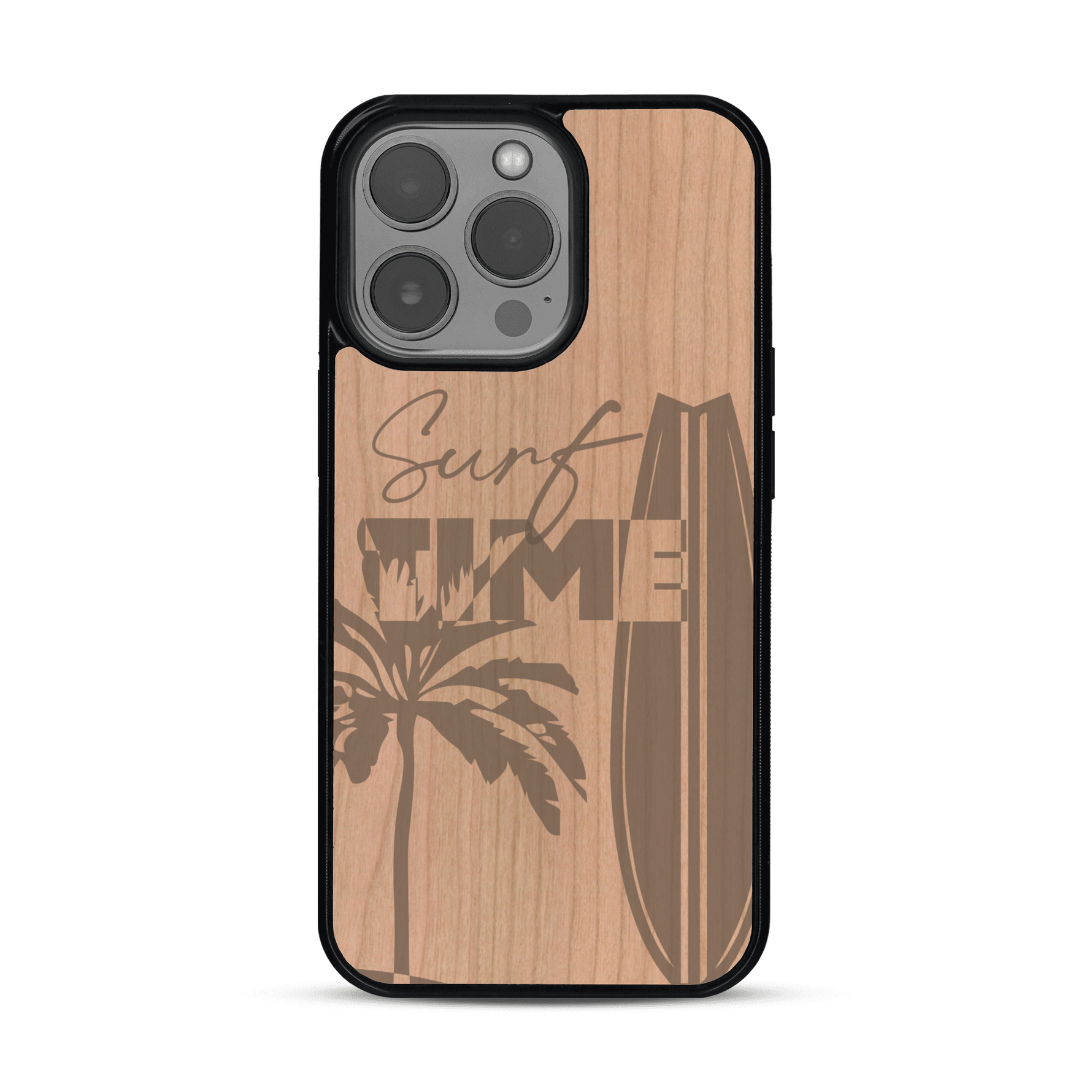 Coque de protection en bois véritable fabriquée en France pour  sur le thème chill avec un motif représentant une silouhette tenant une planche de surf sur une plage entouré de palmiers et les mots "Surf Time Long Beach Miami"