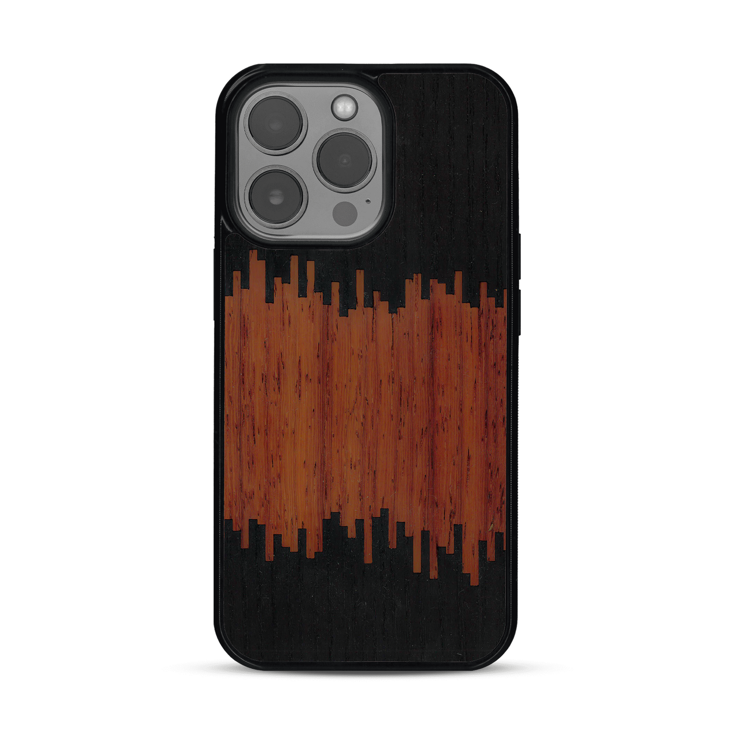 Coque de protection en bois véritable fabriquée en France pour  alliant plusieurs essences de bois pour représenter du magma en fusion