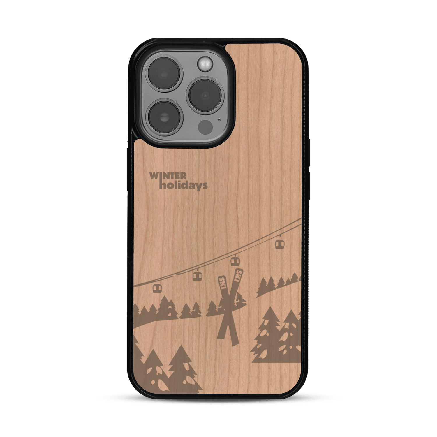 Coque de protection en bois véritable fabriquée en France pour  sur le thème de la montagne, du ski et de la neige avec un motif représentant une paire de ski plantée dans la neige avec en fond des montagnes enneigées