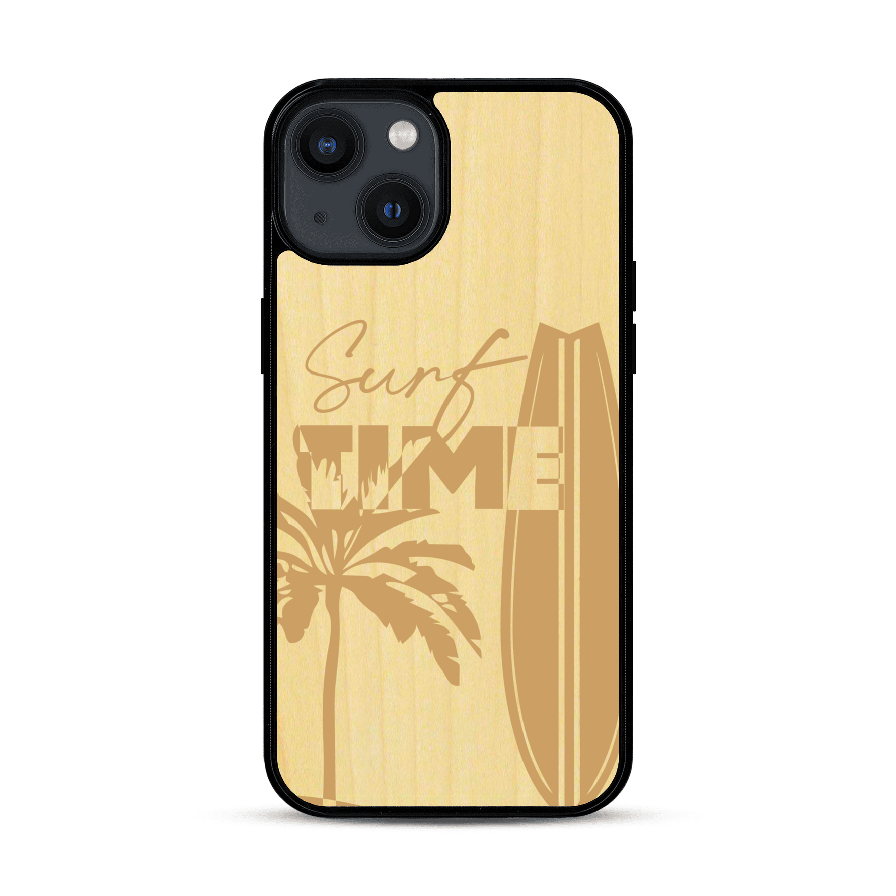 Coque de protection en bois véritable fabriquée en France pour  sur le thème chill avec un motif représentant une silouhette tenant une planche de surf sur une plage entouré de palmiers et les mots "Surf Time Long Beach Miami"