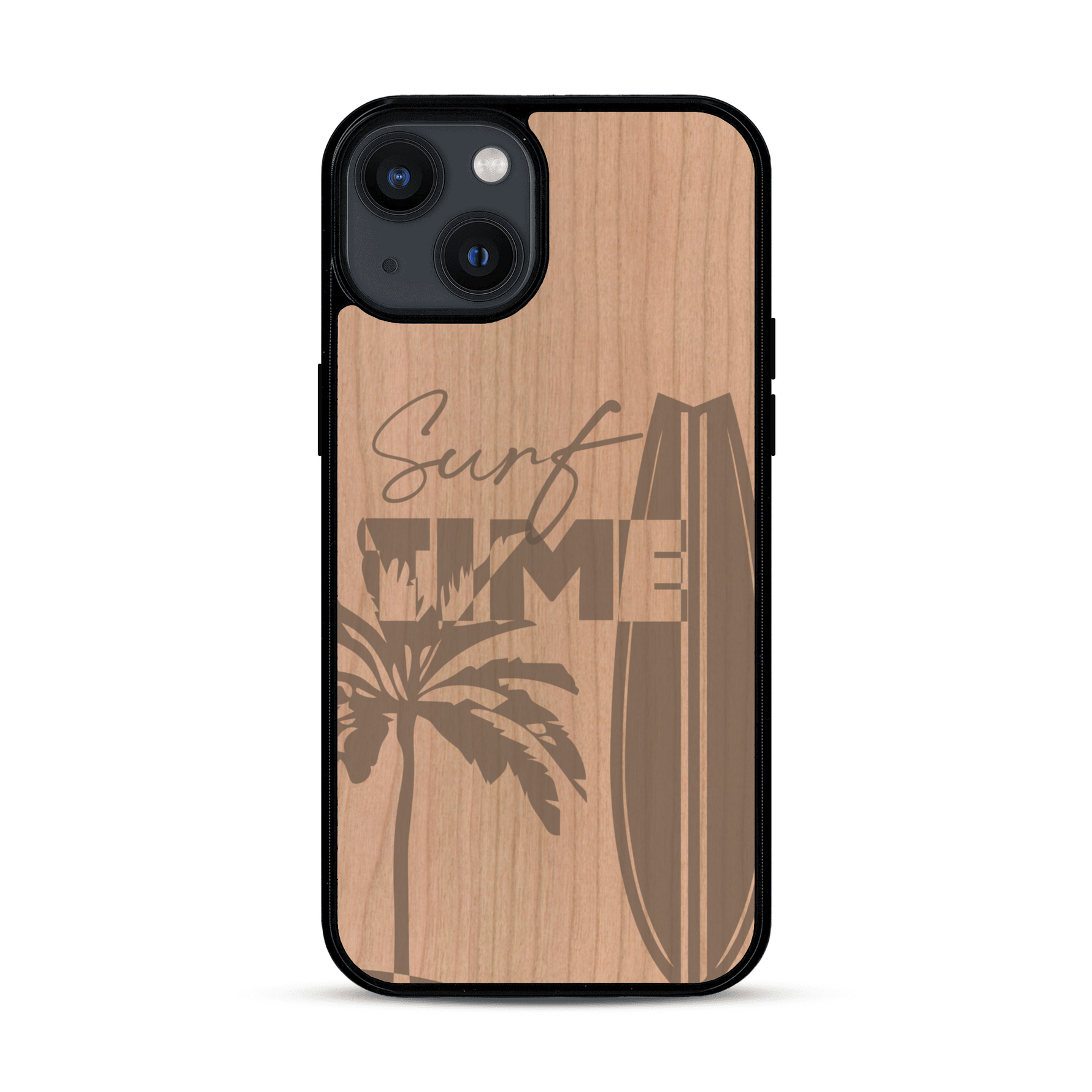 Coque de protection en bois véritable fabriquée en France pour  sur le thème chill avec un motif représentant une silouhette tenant une planche de surf sur une plage entouré de palmiers et les mots "Surf Time Long Beach Miami"