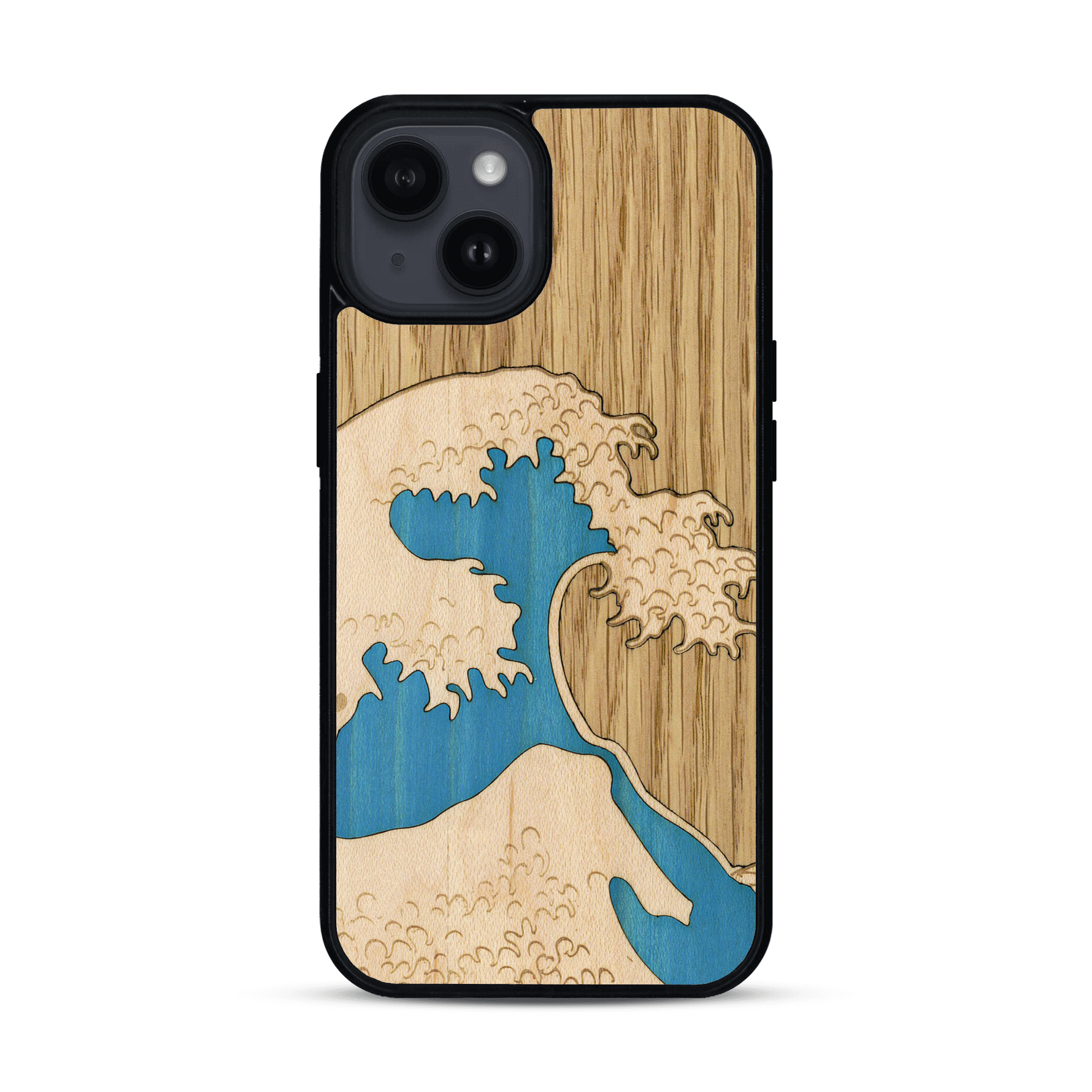 Coque de protection en bois véritable fabriquée en France pour  alliant plusieurs essences de bois pour représenter la célèbre grande vague de Kanagawa