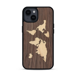 Coque de protection en bois véritable fabriquée en France pour  alliant du bambou et du noyer sur le thème du voyage et de l'aventure représentant une mappemonde