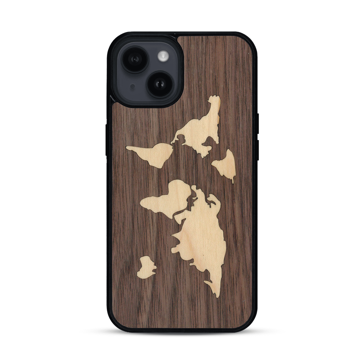 Coque de protection en bois véritable fabriquée en France pour  alliant du bambou et du noyer sur le thème du voyage et de l'aventure représentant une mappemonde