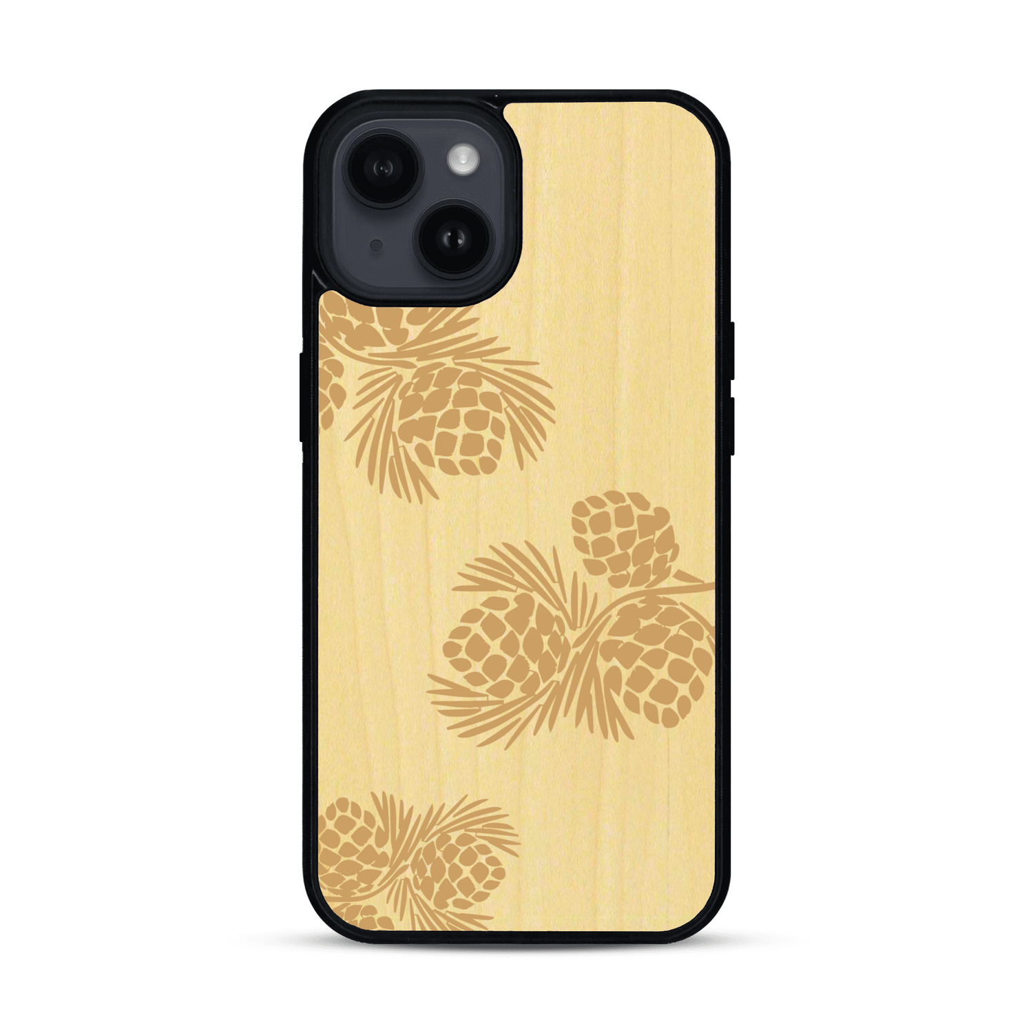 Coque de protection en bois véritable fabriquée en France pour  sur le thème de la nature des arbres avec un motif de gravure représentant des épines de sapin et des pommes de pin
