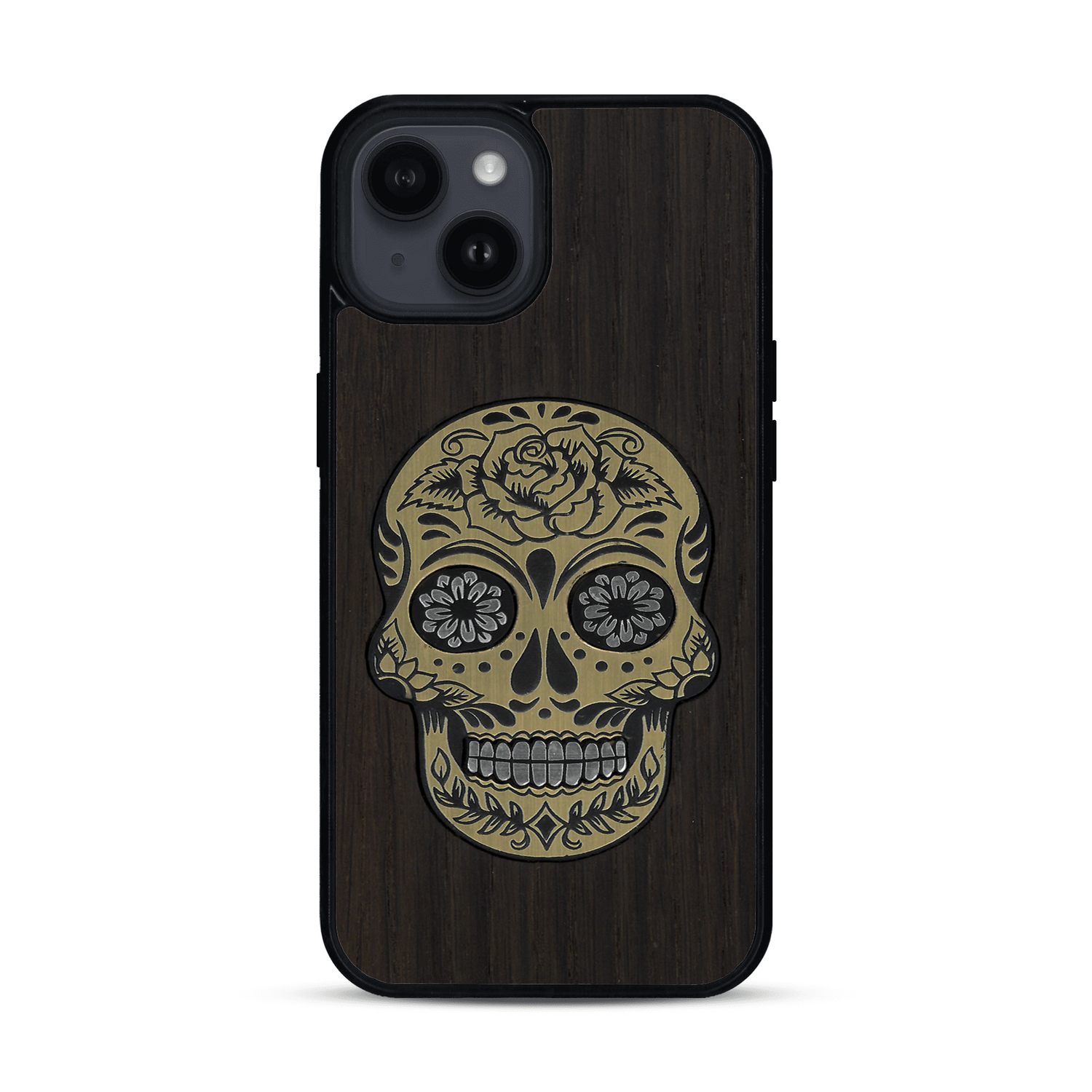 Coque de protection en bois véritable fabriquée en France pour  alliant du chêne fumé avec du métal argenté et doré représentant une tête de mort mexicaine sur le thème Dia de los Muertos