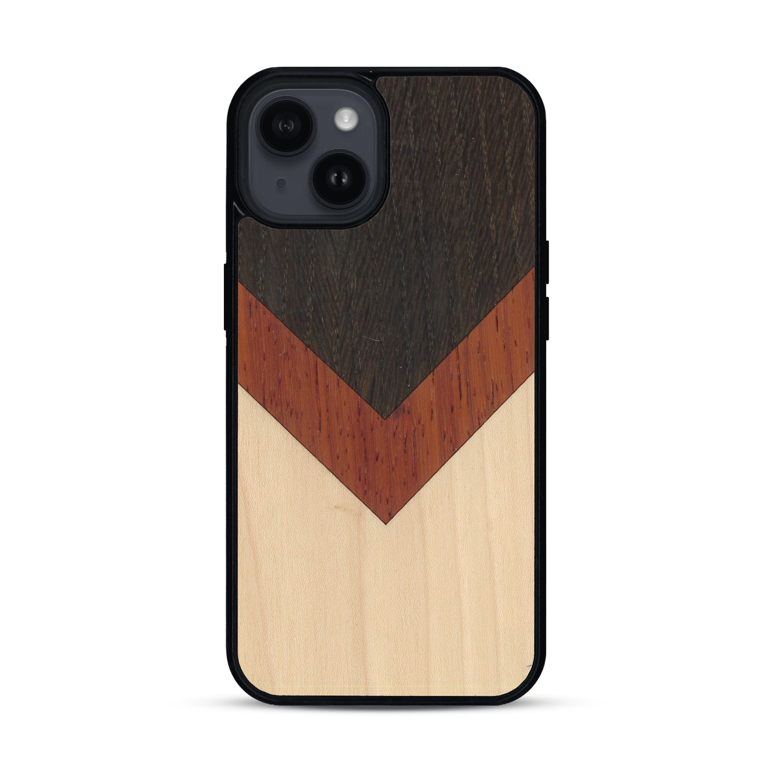 Coque de protection en bois véritable fabriquée en France pour  alliant du chêne fumé, du padouk et du bambou en forme de chevron sur le thème de l'art abstrait
