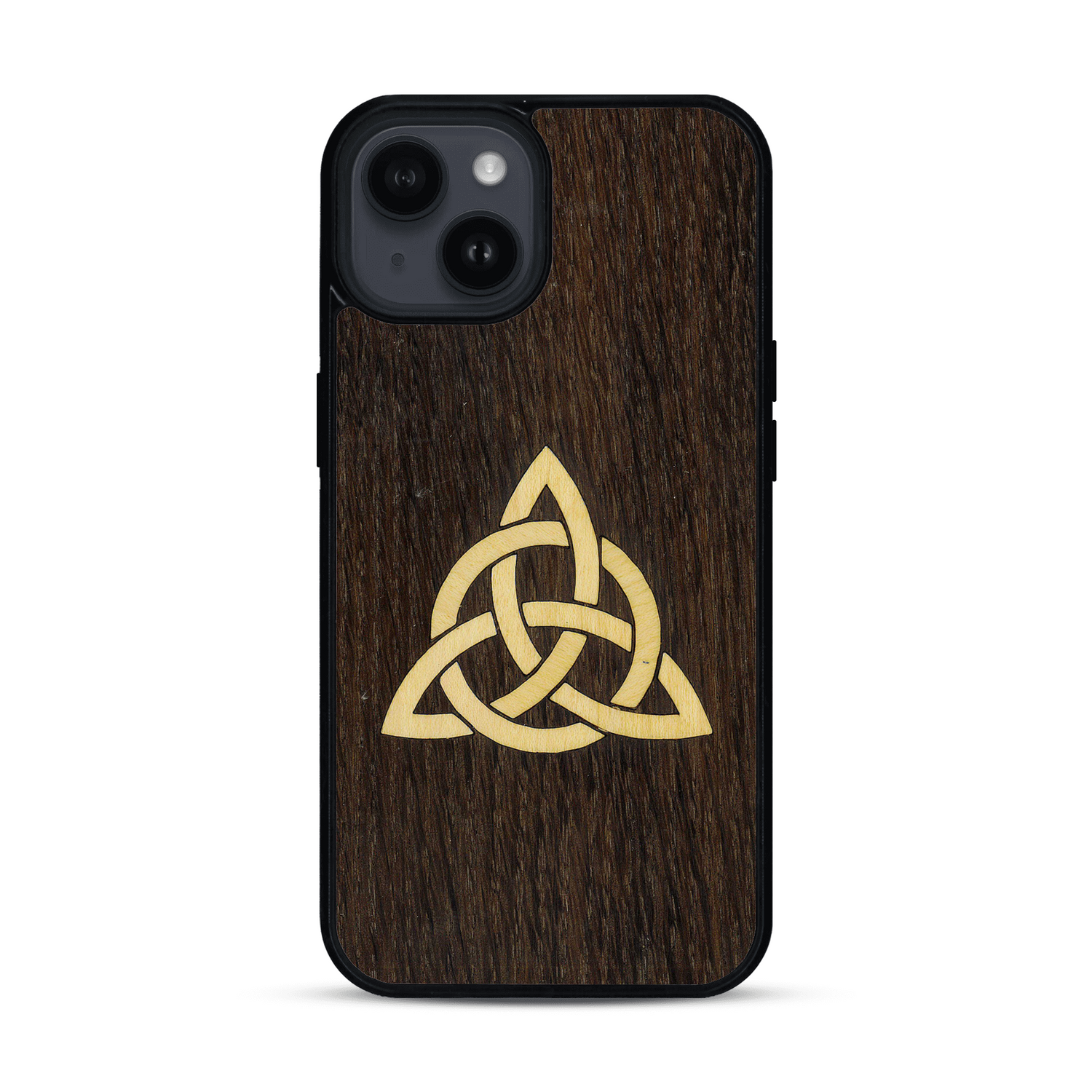 Coque de protection en bois véritable fabriquée en France pour  alliant du chêne fumé et du bambou représentant une triquetra