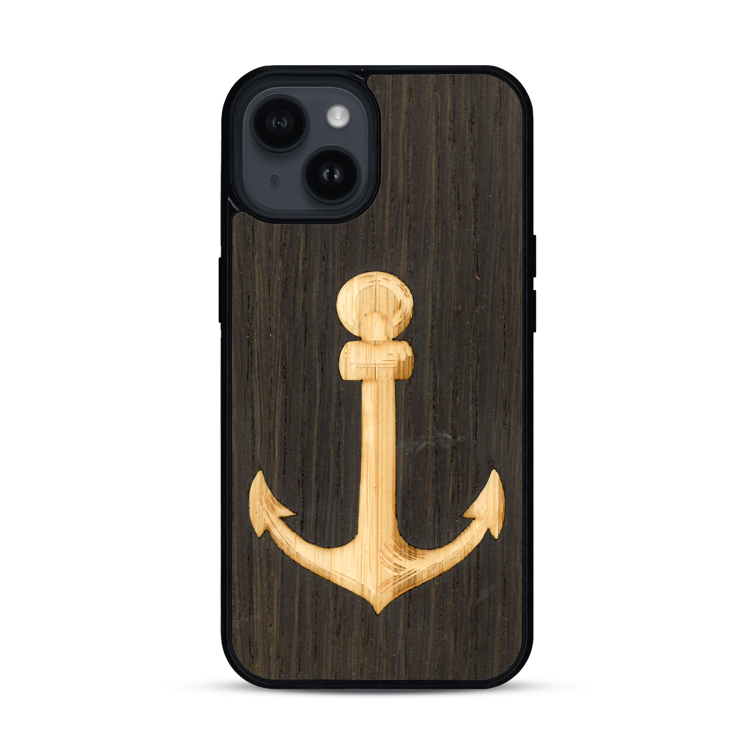 Coque de protection en bois véritable fabriquée en France pour  sur le thème nautique avec un bois clair et un bois foncé représentant une ancre de bateau