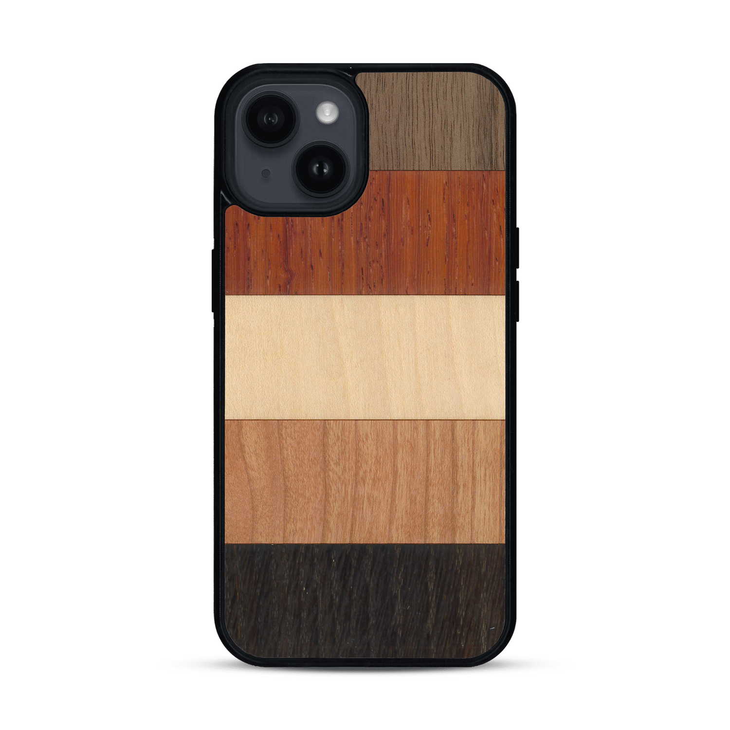 Coque de protection en bois véritable fabriquée en France pour  alliant des bandes horizontales de bambou, merisier, padouk, noyer et chêne fumé