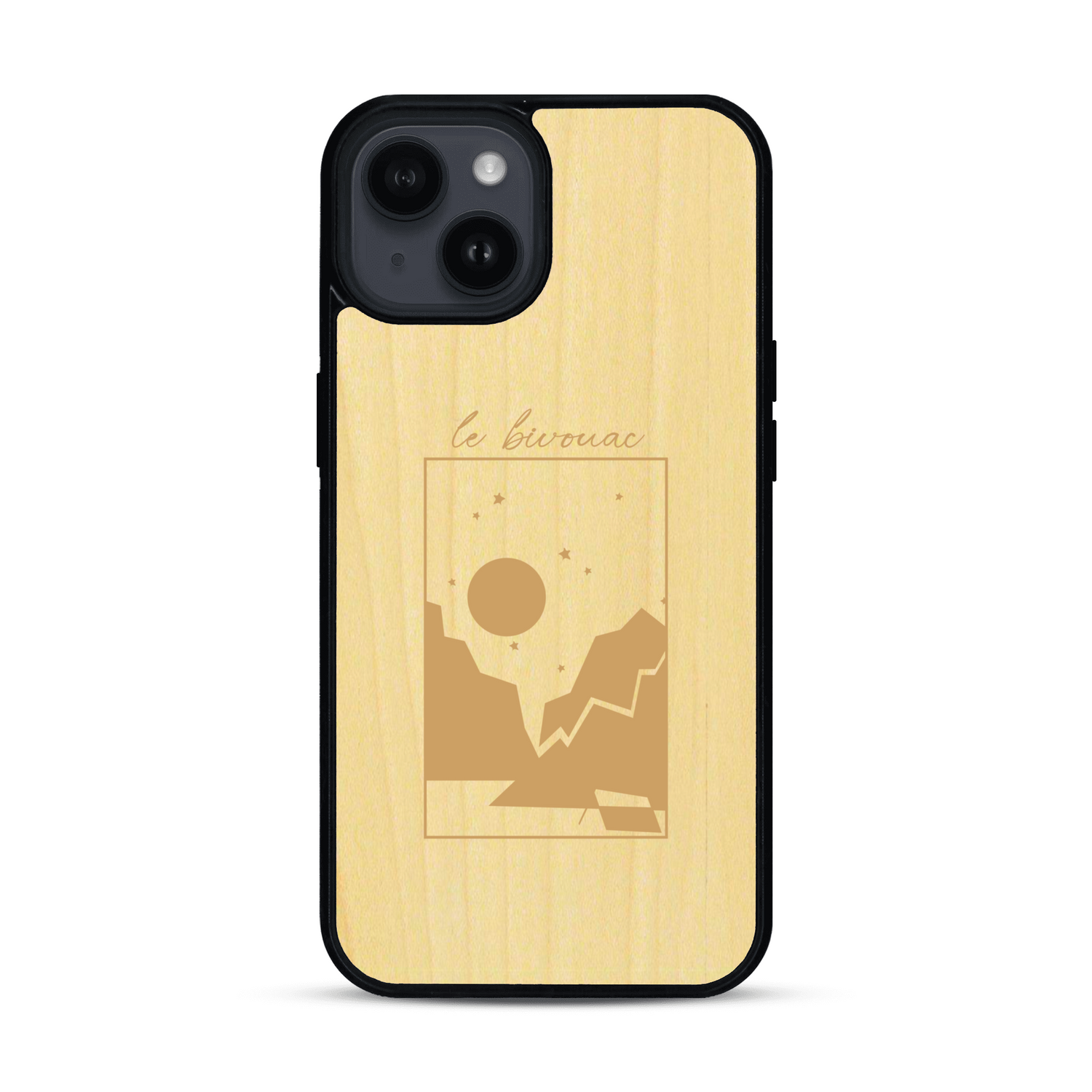 Coque de protection en bois véritable fabriquée en France pour  sur le thème du camping en pleine nature et du bivouac avec la phrase "Aventure is out there"