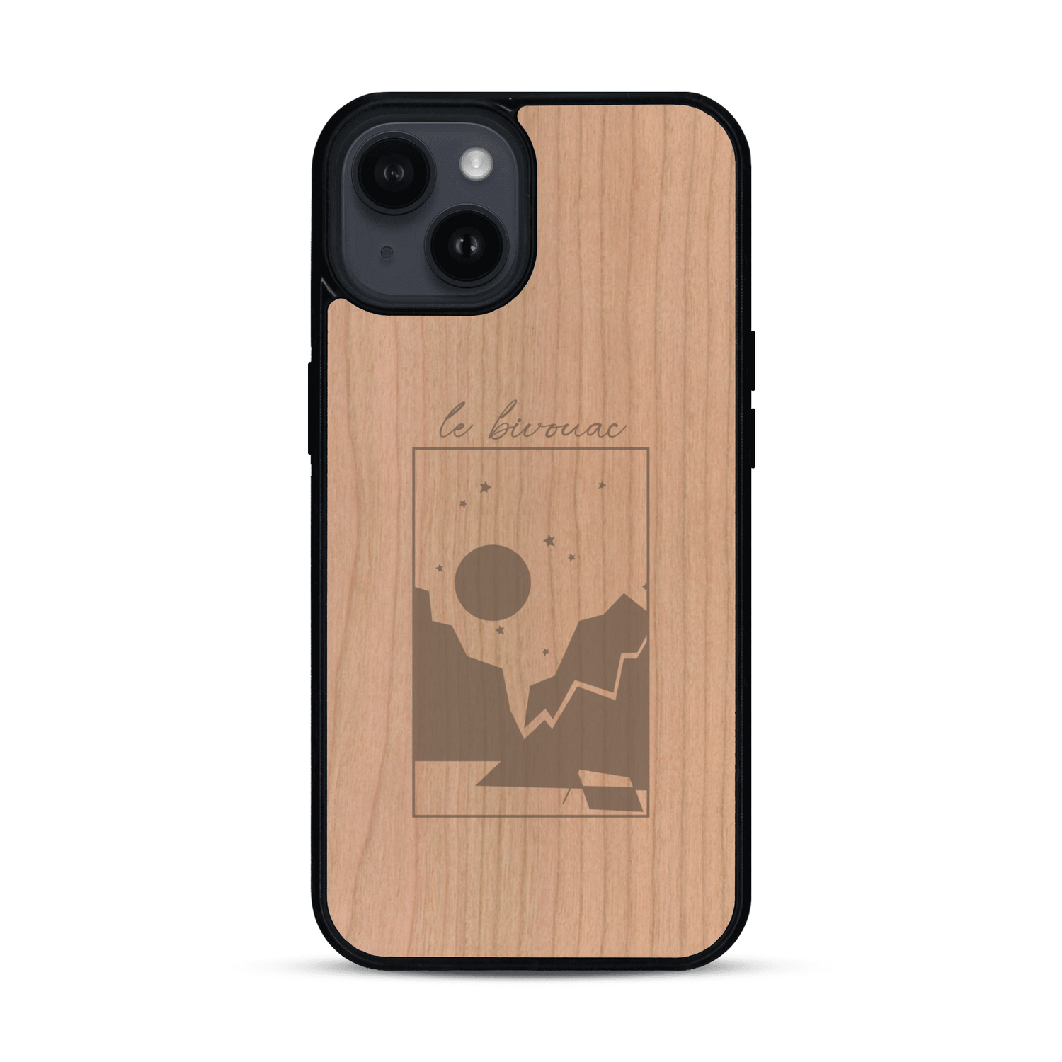 Coque de protection en bois véritable fabriquée en France pour  sur le thème du camping en pleine nature et du bivouac avec la phrase "Aventure is out there"
