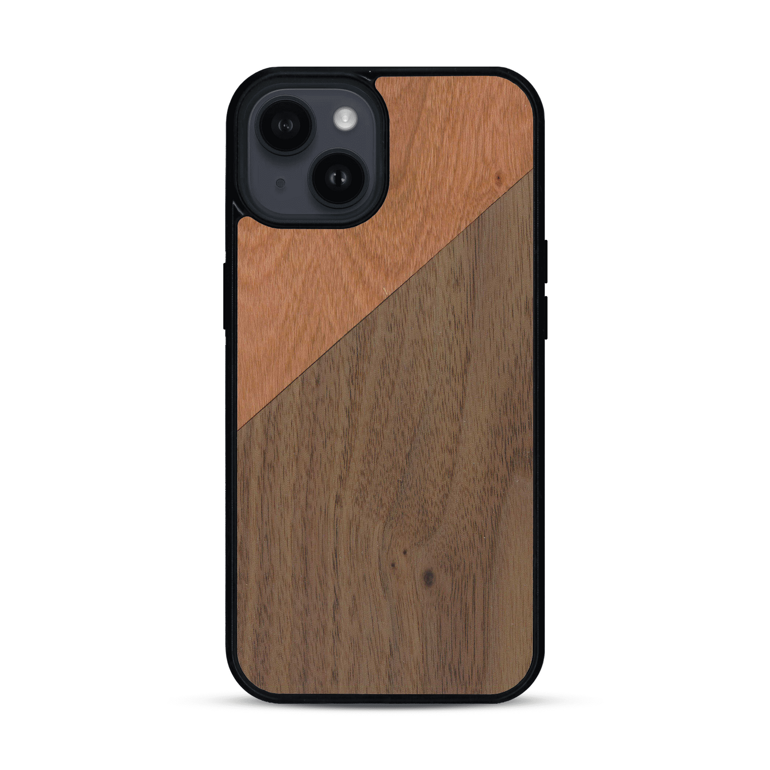 Coque de protection en bois véritable fabriquée en France pour  alliant du merisier et du noyer formant chacun un triangle avec une jointure en diagonale sur le thème de l'art abstrait