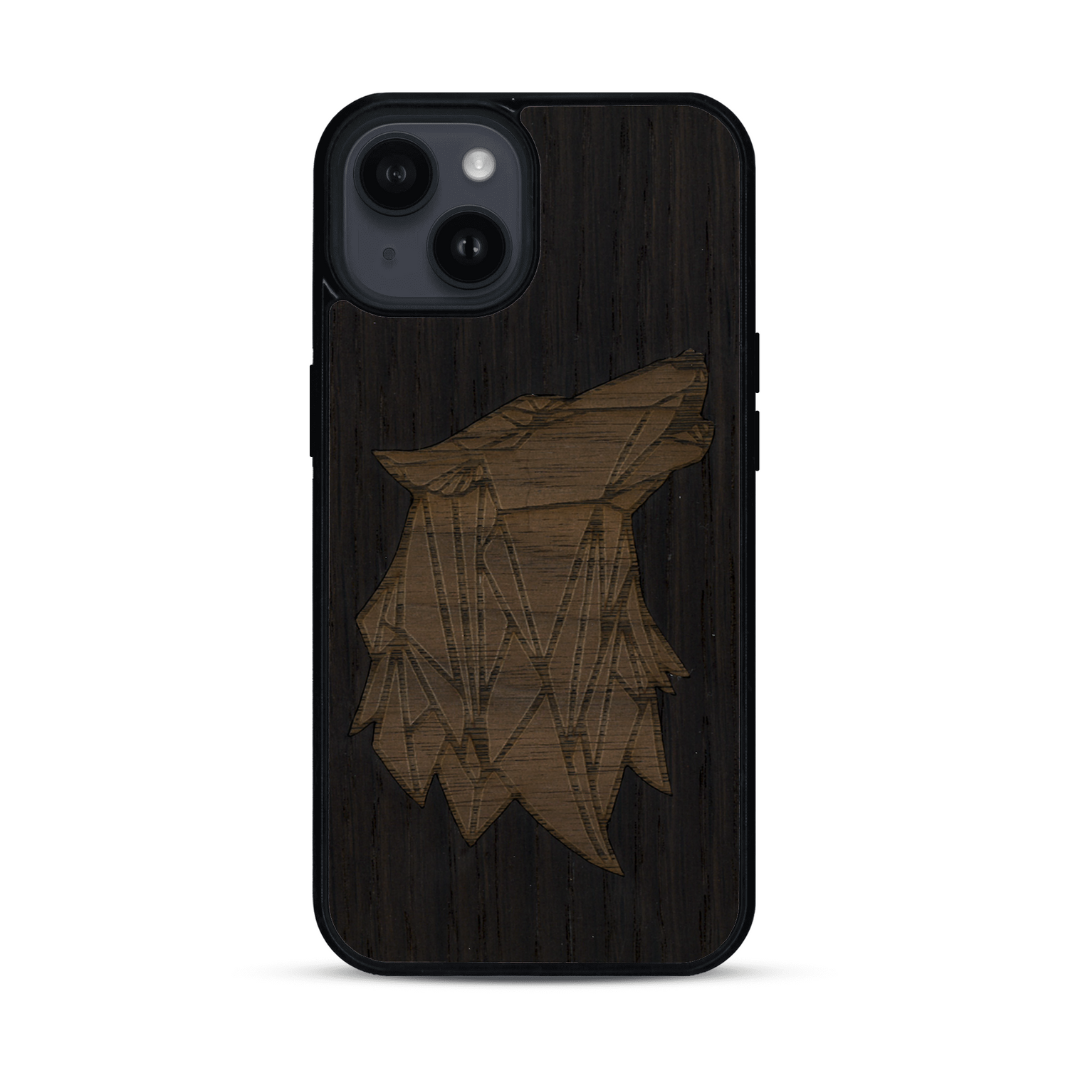 Coque de protection en bois véritable fabriquée en France pour  alliant du chêne fumé et du noyer représentant une tête de loup géométrique de profil sur le thème des animaux et de la nature