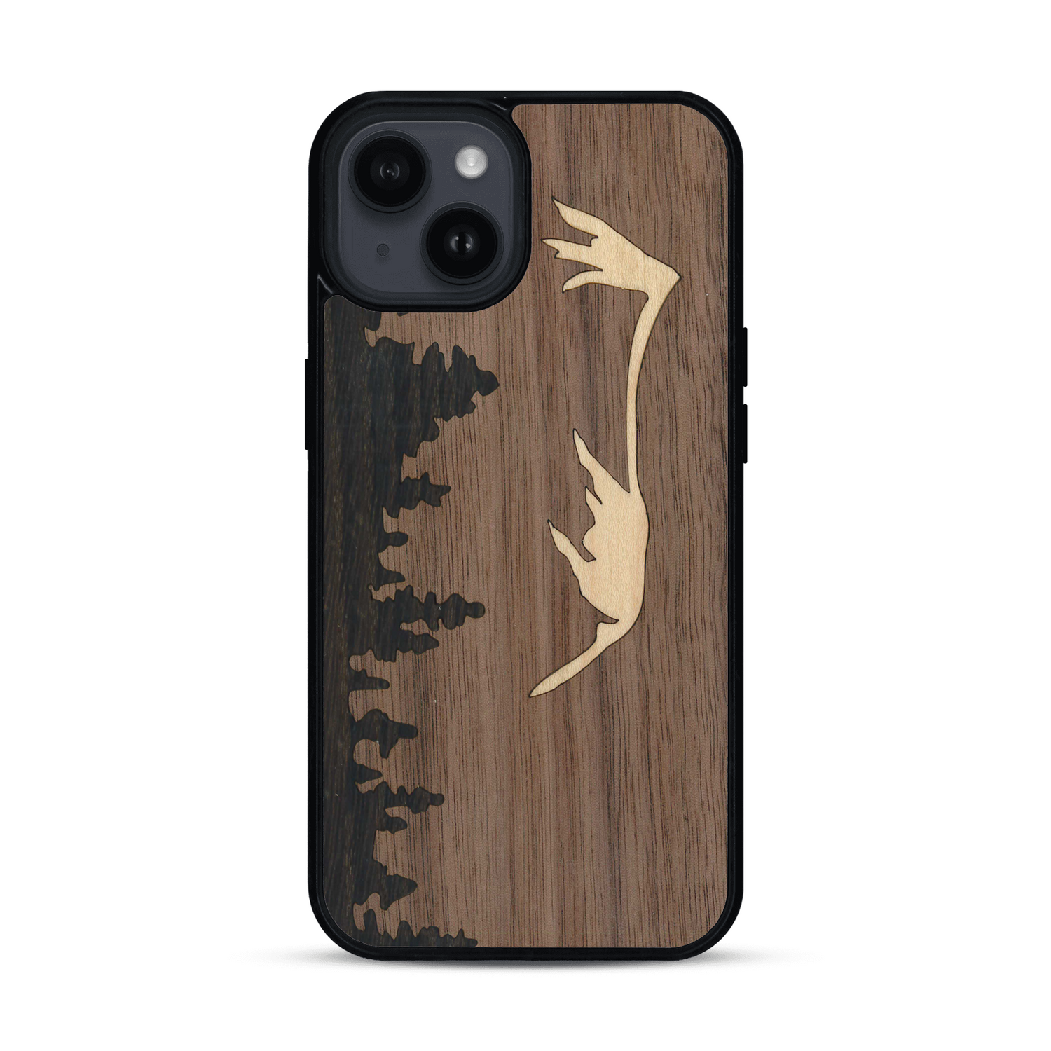 Coque de protection en bois véritable fabriquée en France pour  sur le thème de la nature et de la montagne qui allie du chêne fumé, du noyer et du bambou représentant le mont mézenc