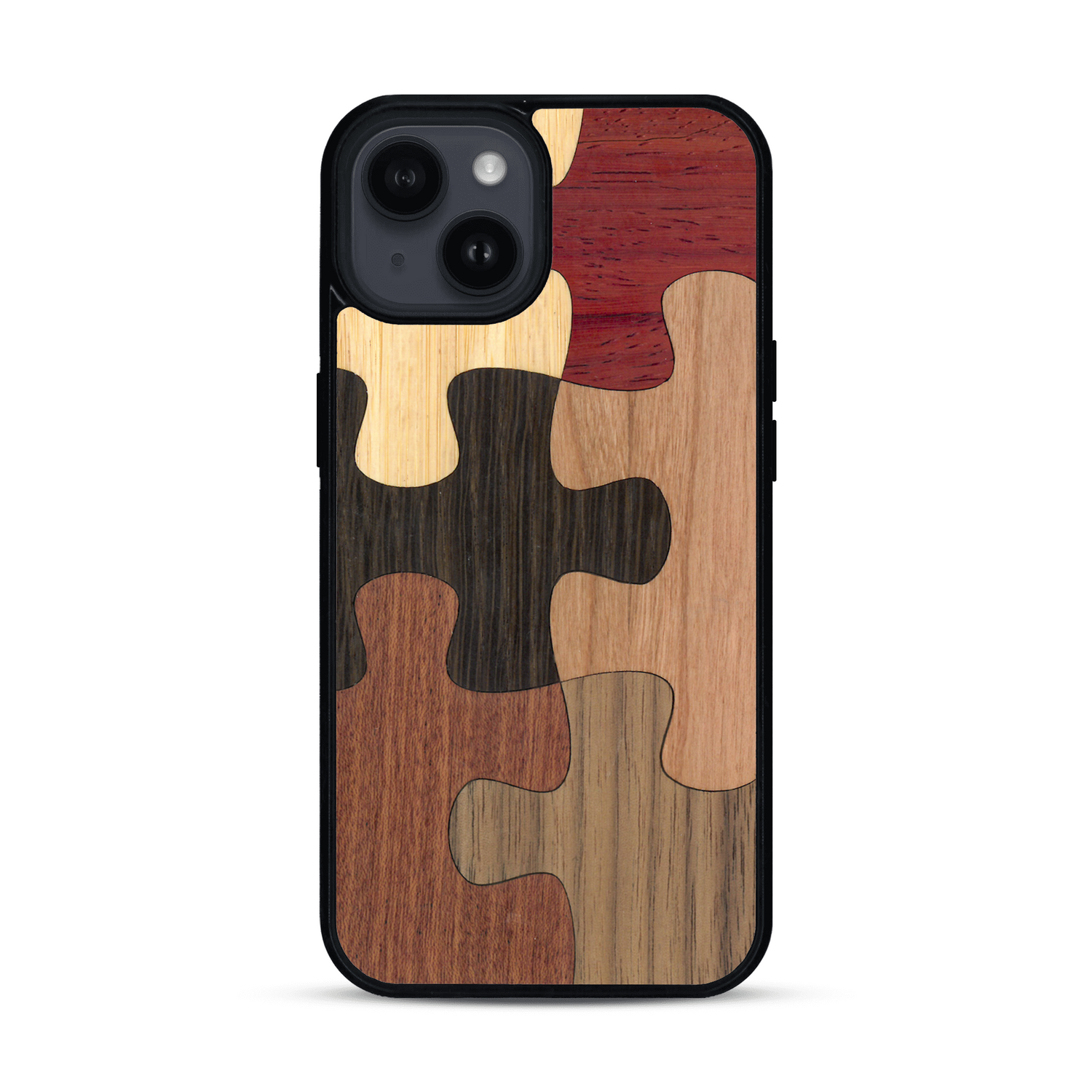 Coque de protection en bois véritable fabriquée en France pour  représentant un puzzle en six pièces qui allie du chêne fumé, du noyer, du bambou, du padouk, du merisier et de l'acajou
