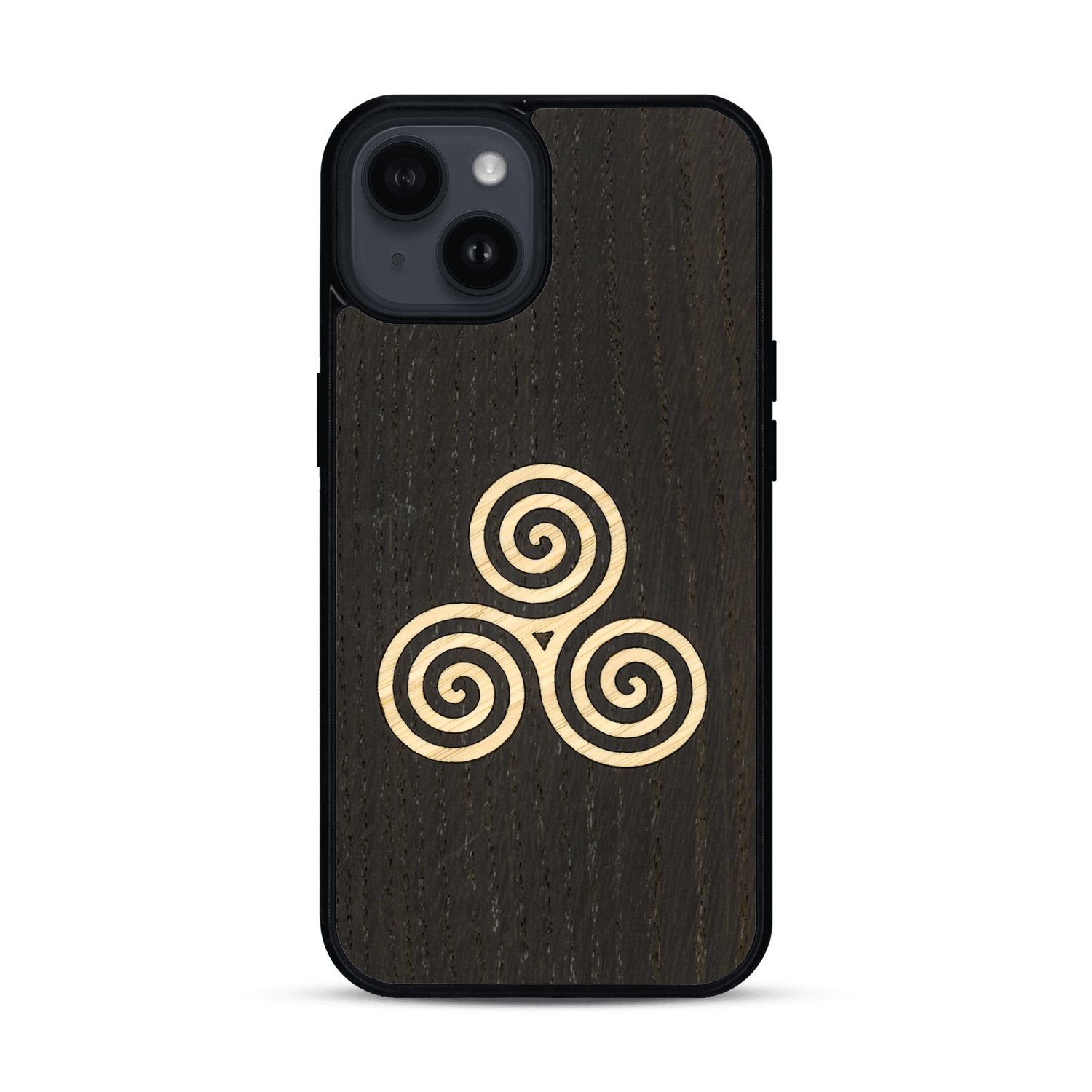 Coque de protection en bois véritable fabriquée en France pour  alliant du chêne fumé et du bambou et doré représentant un triskell