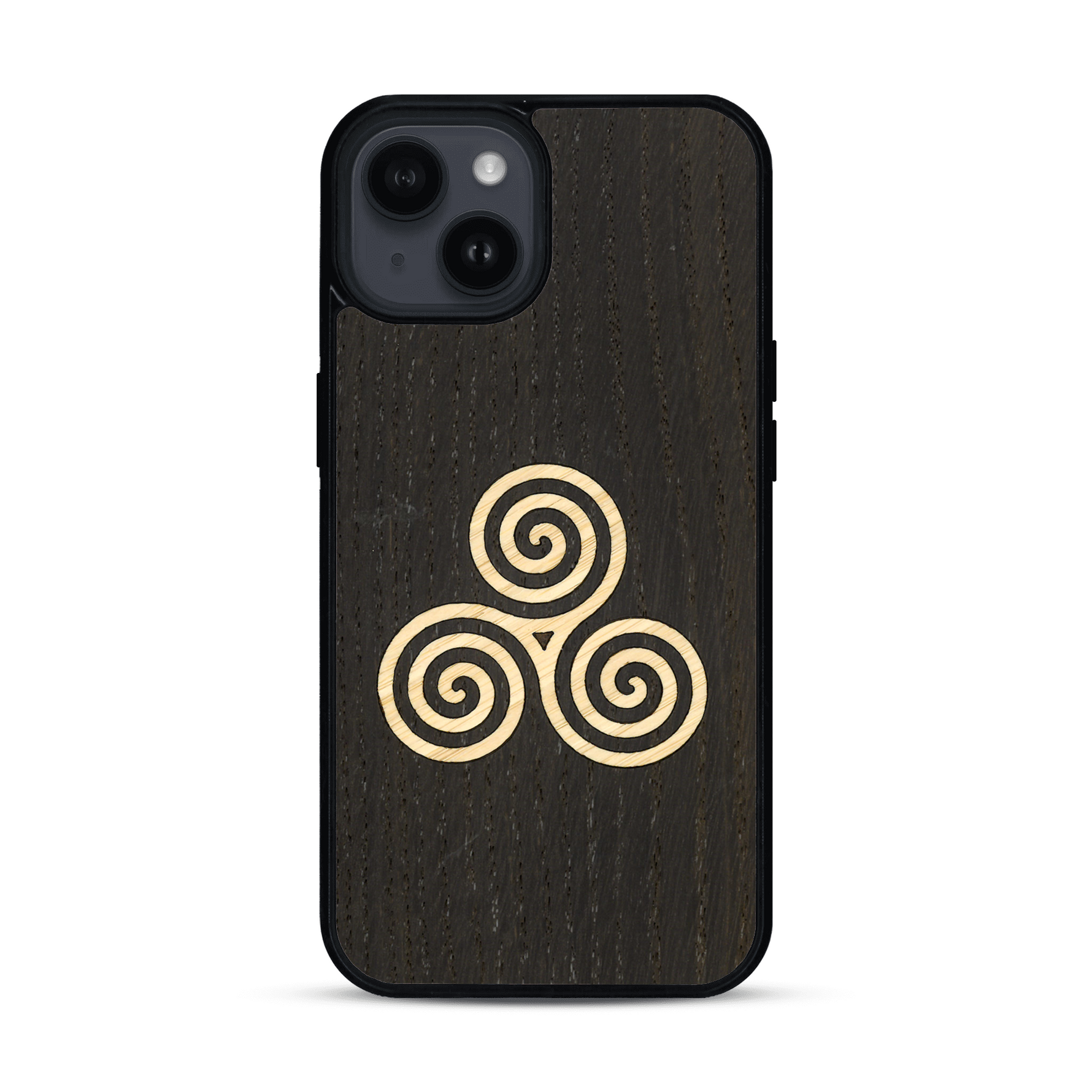 Coque de protection en bois véritable fabriquée en France pour  alliant du chêne fumé et du bambou et doré représentant un triskell