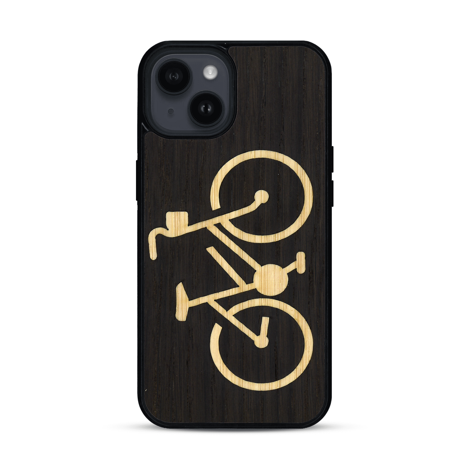 Coque de protection en bois véritable fabriquée en France pour  sur le theme du vélo et de l'outdoor qui allie du bambou et du chêne fumé représentant un vélo