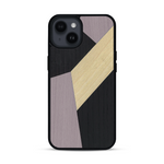 Coque de protection en bois véritable fabriquée en France pour  alliant du bambou, du tulipier mauve et noir en forme de mosaïque minimaliste sur le thème de l'art abstrait