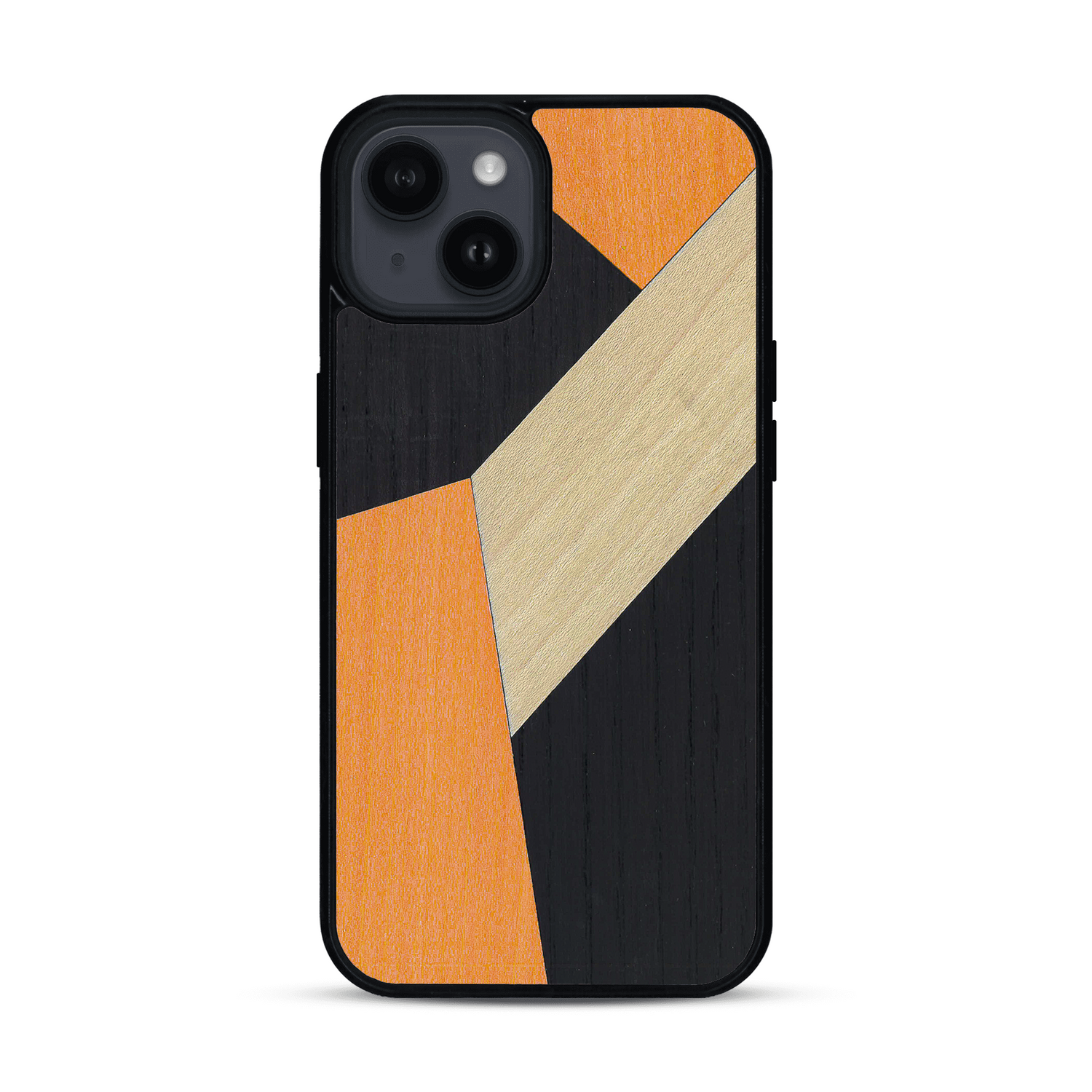Coque de protection en bois véritable fabriquée en France pour  alliant du bambou, du tulipier orange et noir en forme de mosaïque minimaliste sur le thème de l'art abstrait