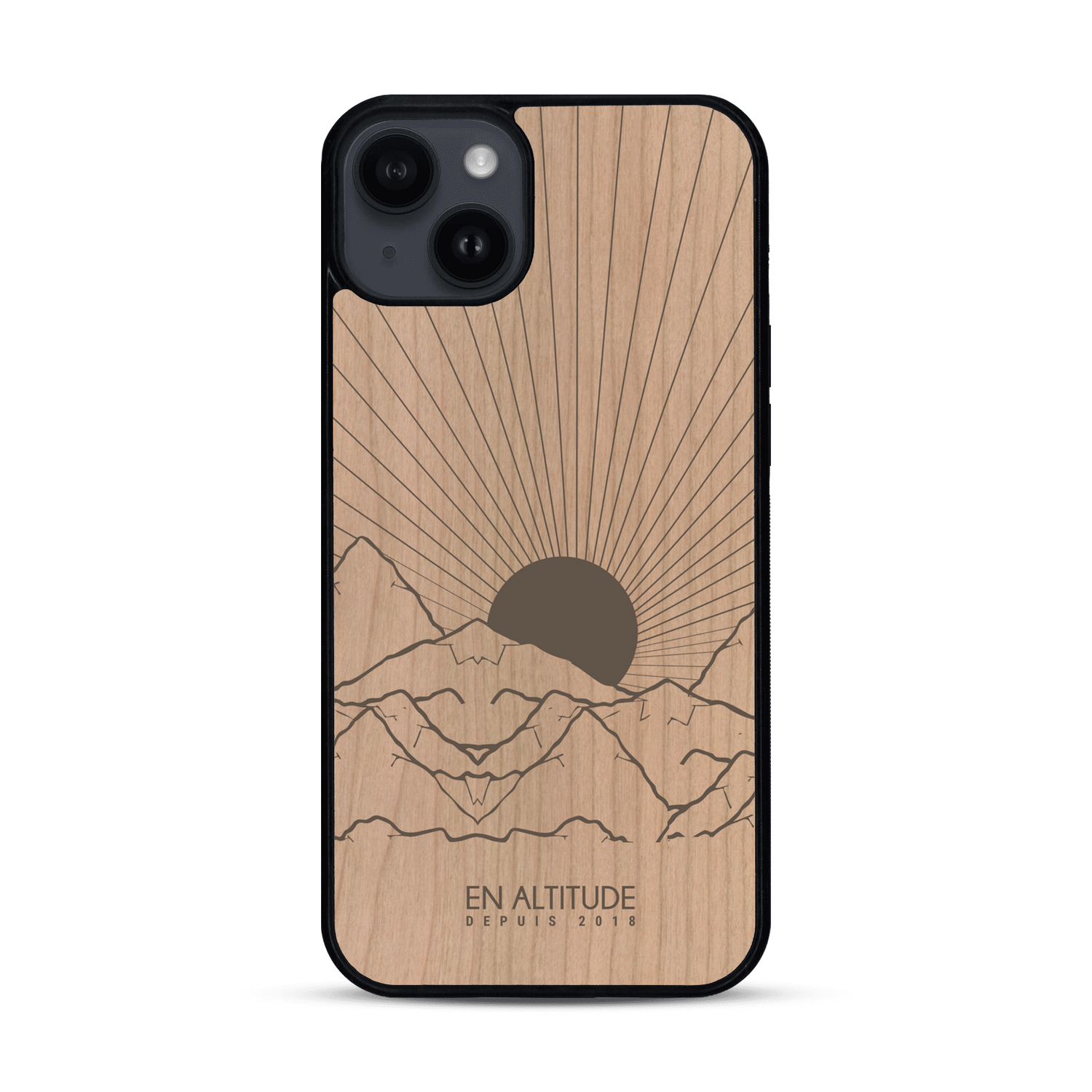 Coque de protection en bois véritable fabriquée en France pour  représentant des montagnes, sur le thème de la randonnée en pleine nature et du trail