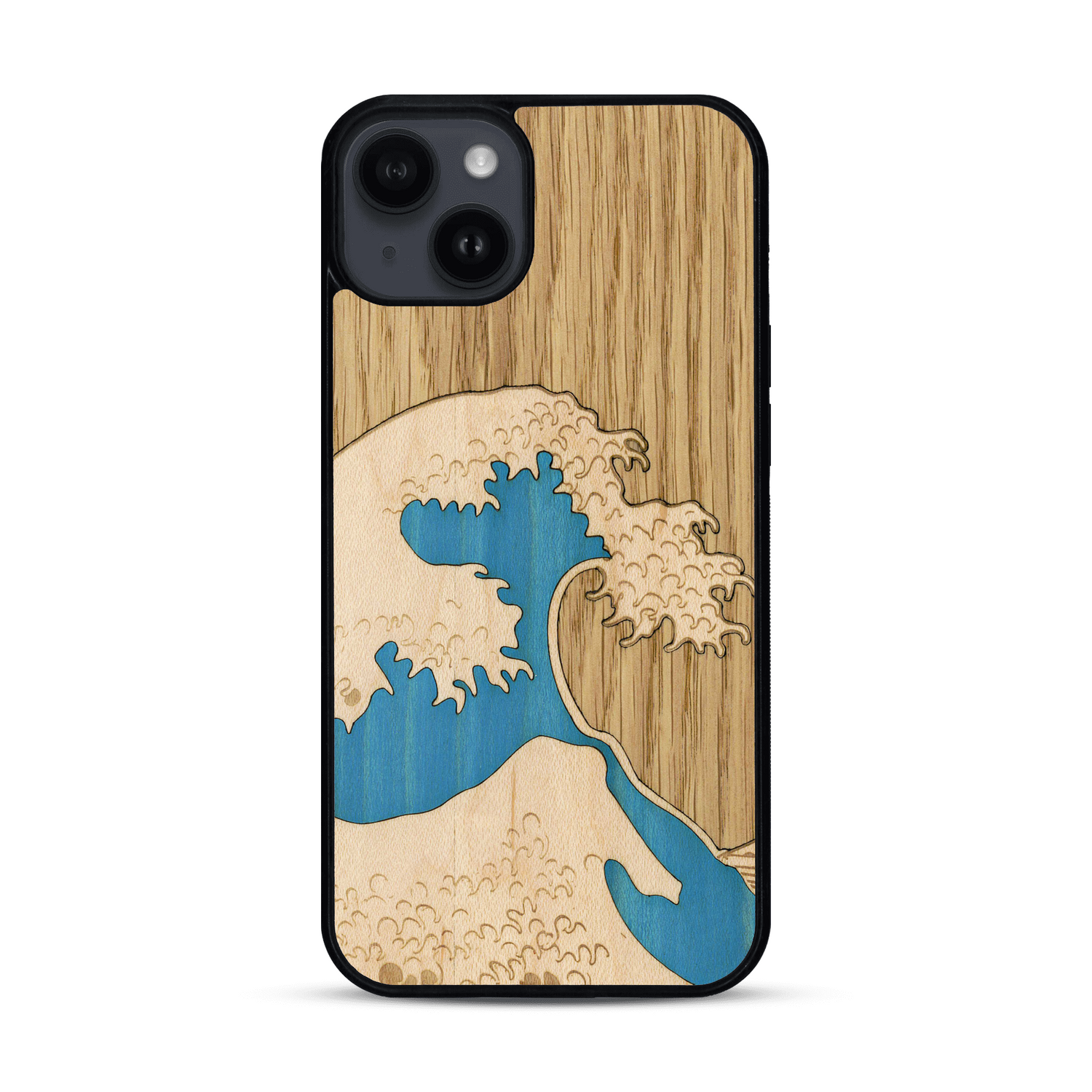 Coque de protection en bois véritable fabriquée en France pour  alliant plusieurs essences de bois pour représenter la célèbre grande vague de Kanagawa