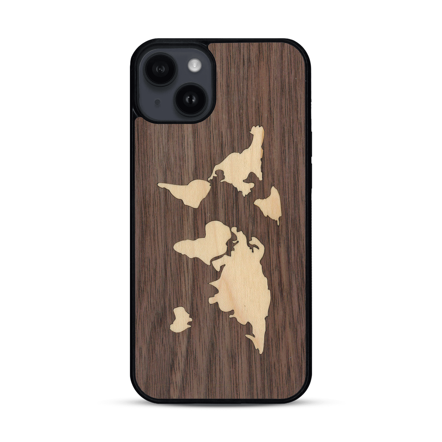 Coque de protection en bois véritable fabriquée en France pour  alliant du bambou et du noyer sur le thème du voyage et de l'aventure représentant une mappemonde
