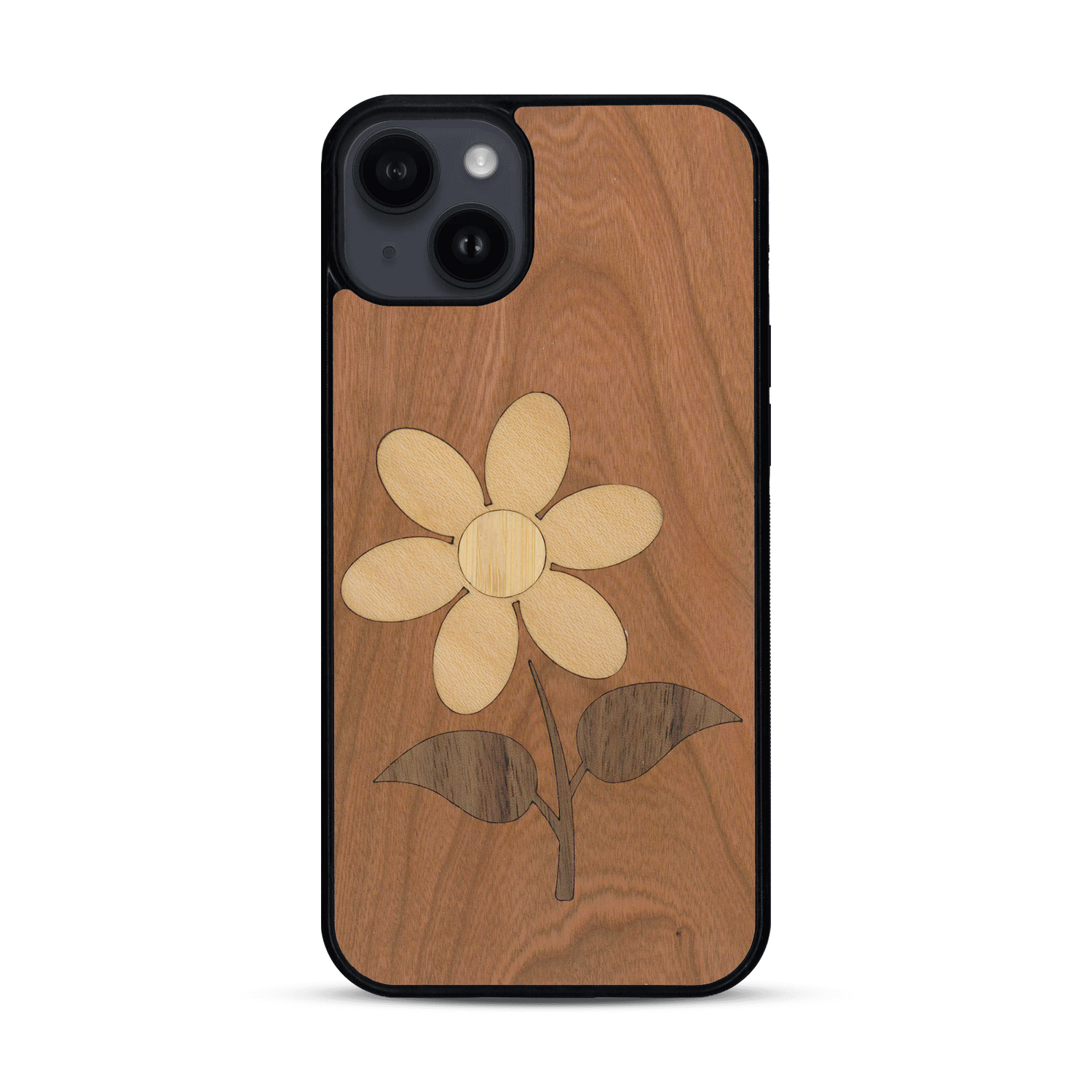 Coque de protection en bois véritable fabriquée en France pour  alliant plusieurs essences de bois pour représenter une marguerite
