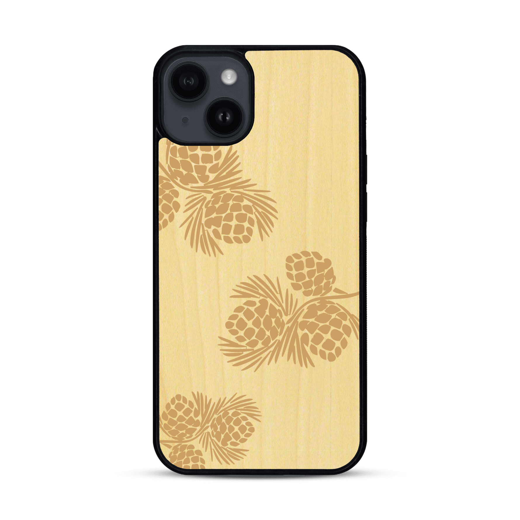 Coque de protection en bois véritable fabriquée en France pour  sur le thème de la nature des arbres avec un motif de gravure représentant des épines de sapin et des pommes de pin