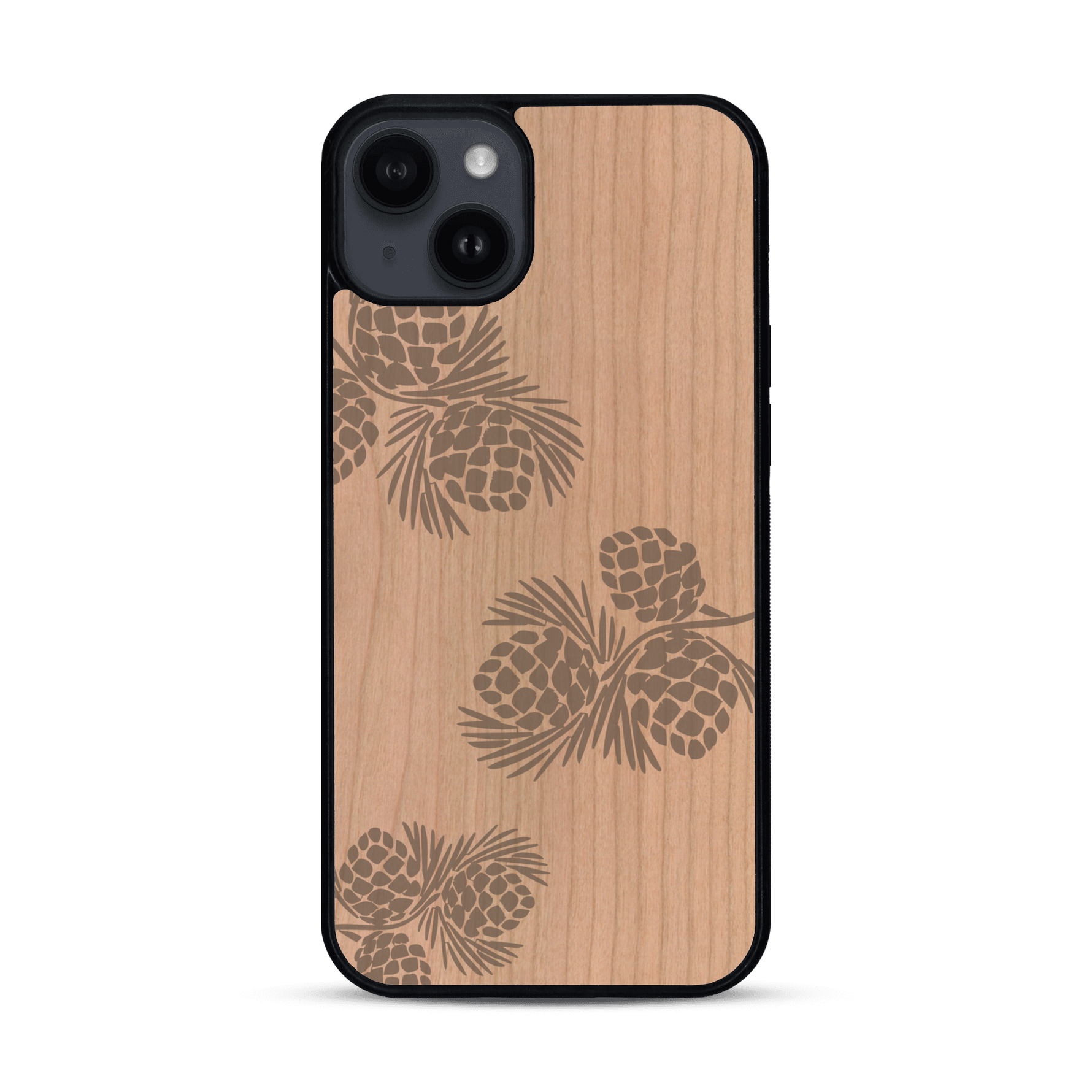 Coque de protection en bois véritable fabriquée en France pour  sur le thème de la nature des arbres avec un motif de gravure représentant des épines de sapin et des pommes de pin