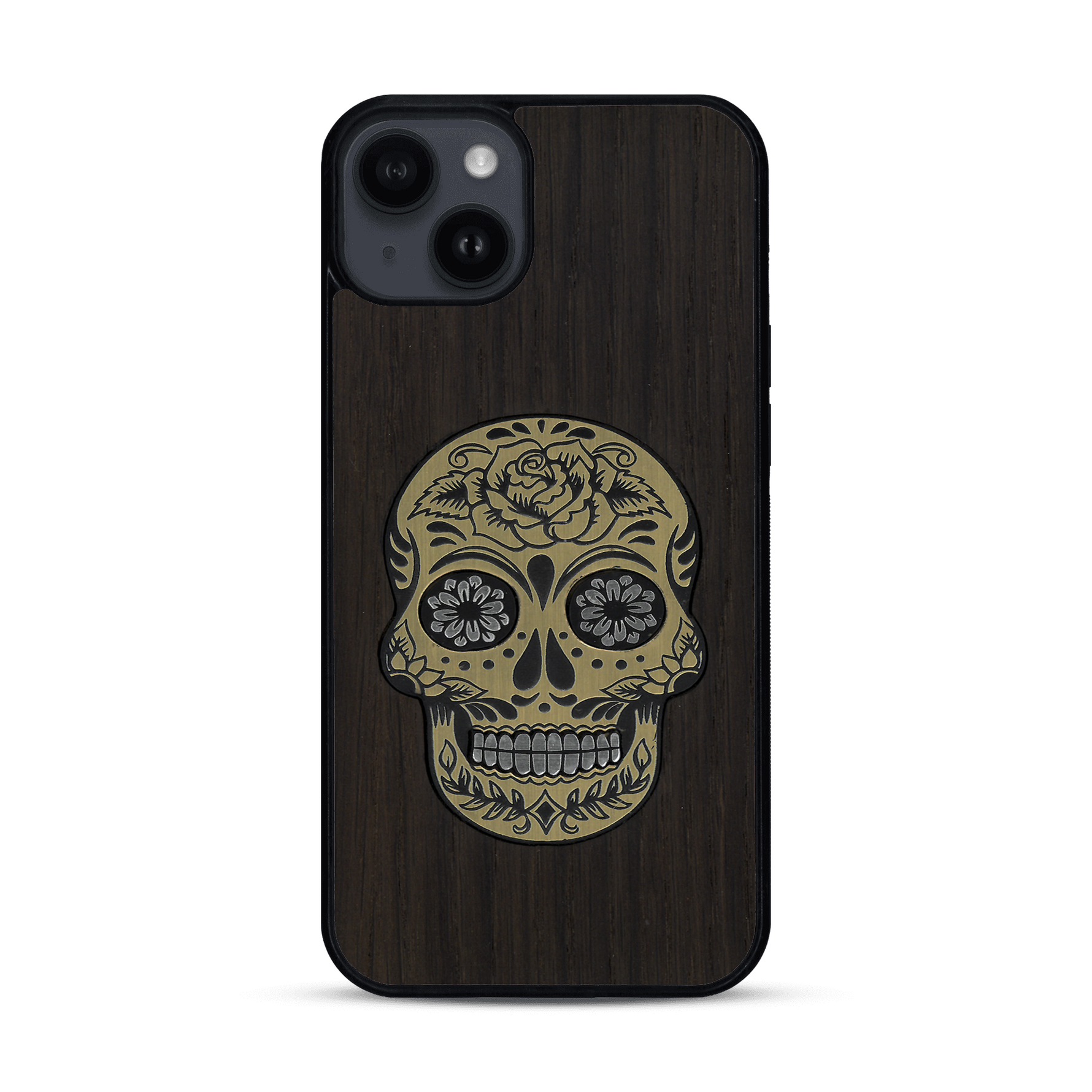 Coque de protection en bois véritable fabriquée en France pour  alliant du chêne fumé avec du métal argenté et doré représentant une tête de mort mexicaine sur le thème Dia de los Muertos